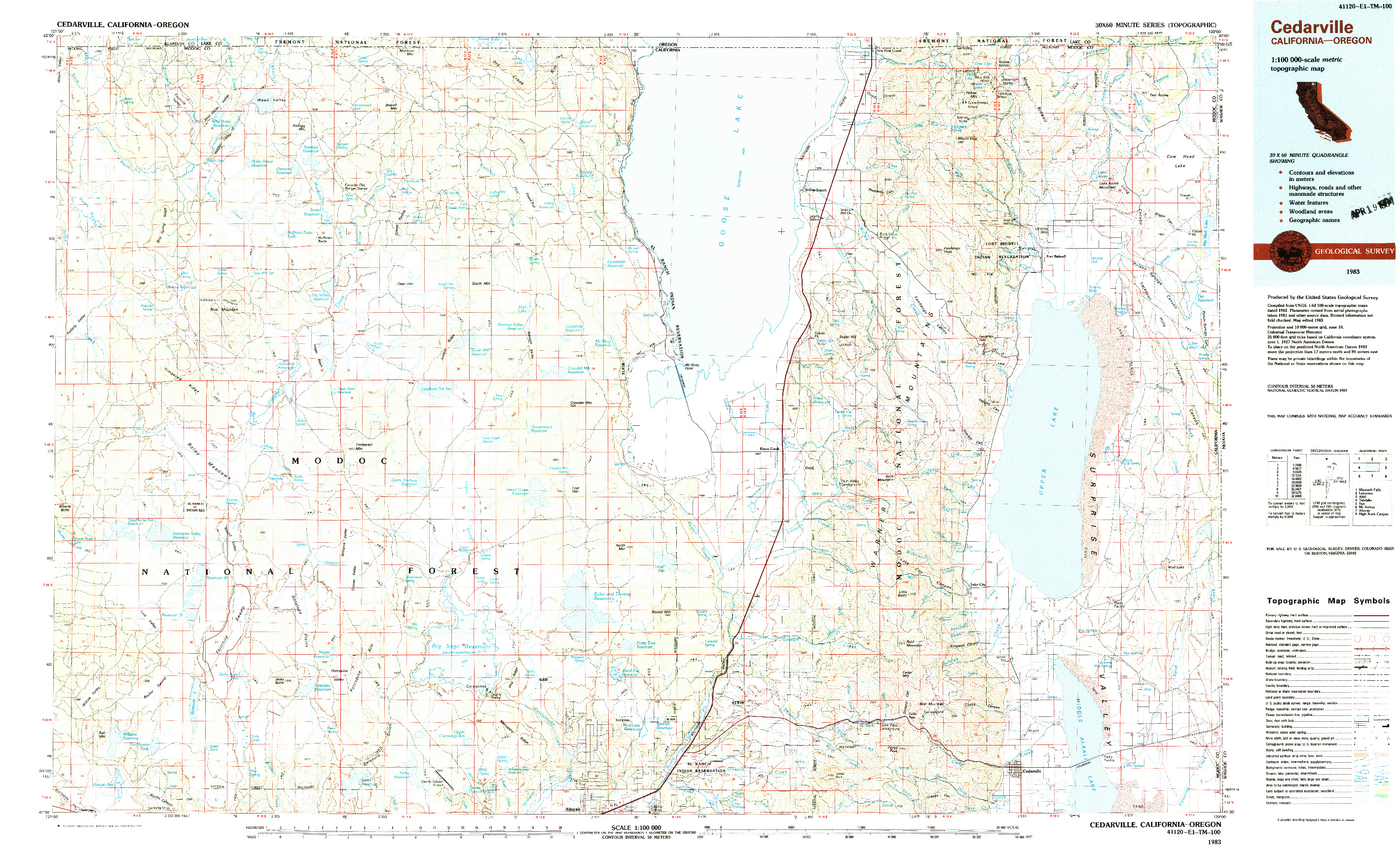 USGS 1:100000-SCALE QUADRANGLE FOR CEDARVILLE, CA 1983