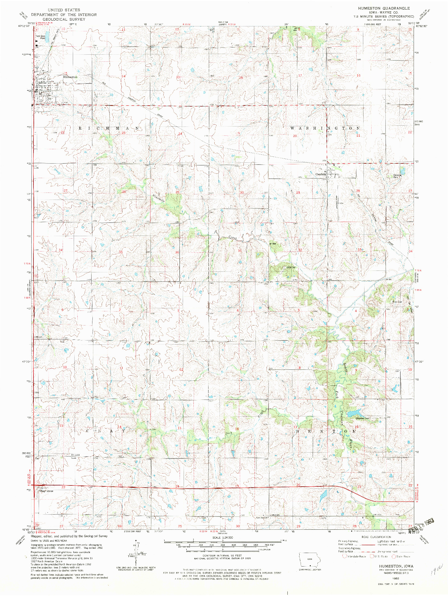 USGS 1:24000-SCALE QUADRANGLE FOR HUMESTON, IA 1982