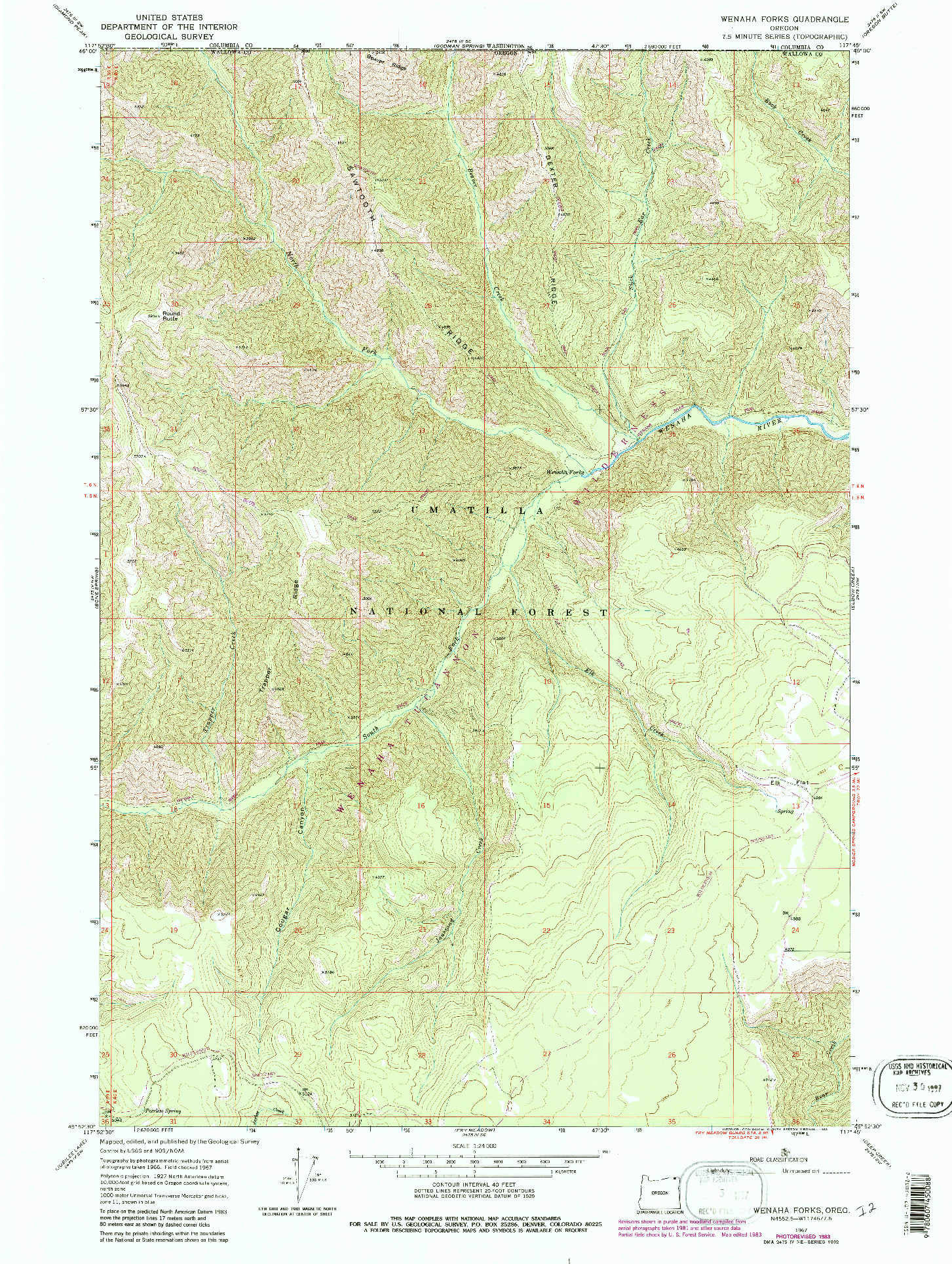 USGS 1:24000-SCALE QUADRANGLE FOR WENAHA FORKS, OR 1967