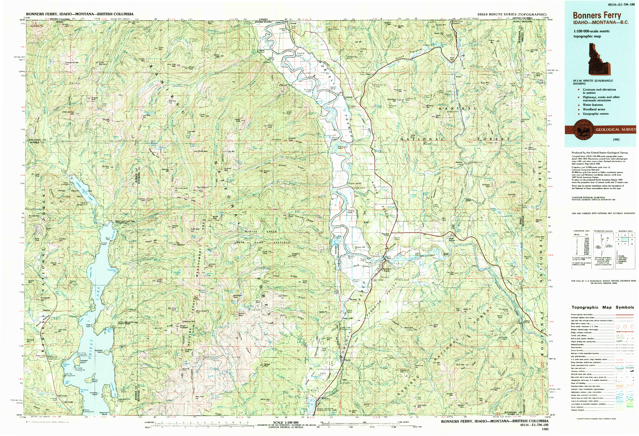 USGS 1:100000-SCALE QUADRANGLE FOR BONNERS FERRY, ID 1983