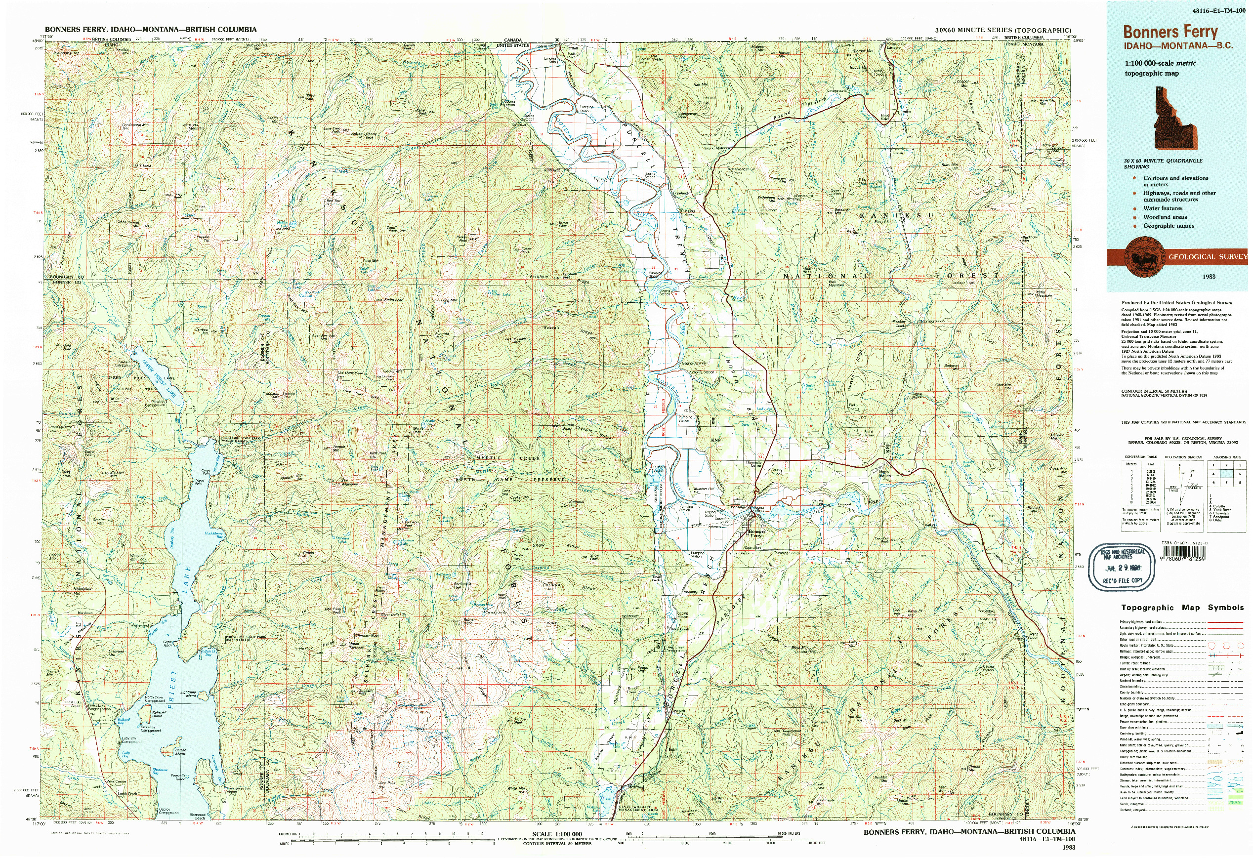 USGS 1:100000-SCALE QUADRANGLE FOR BONNERS FERRY, ID 1983