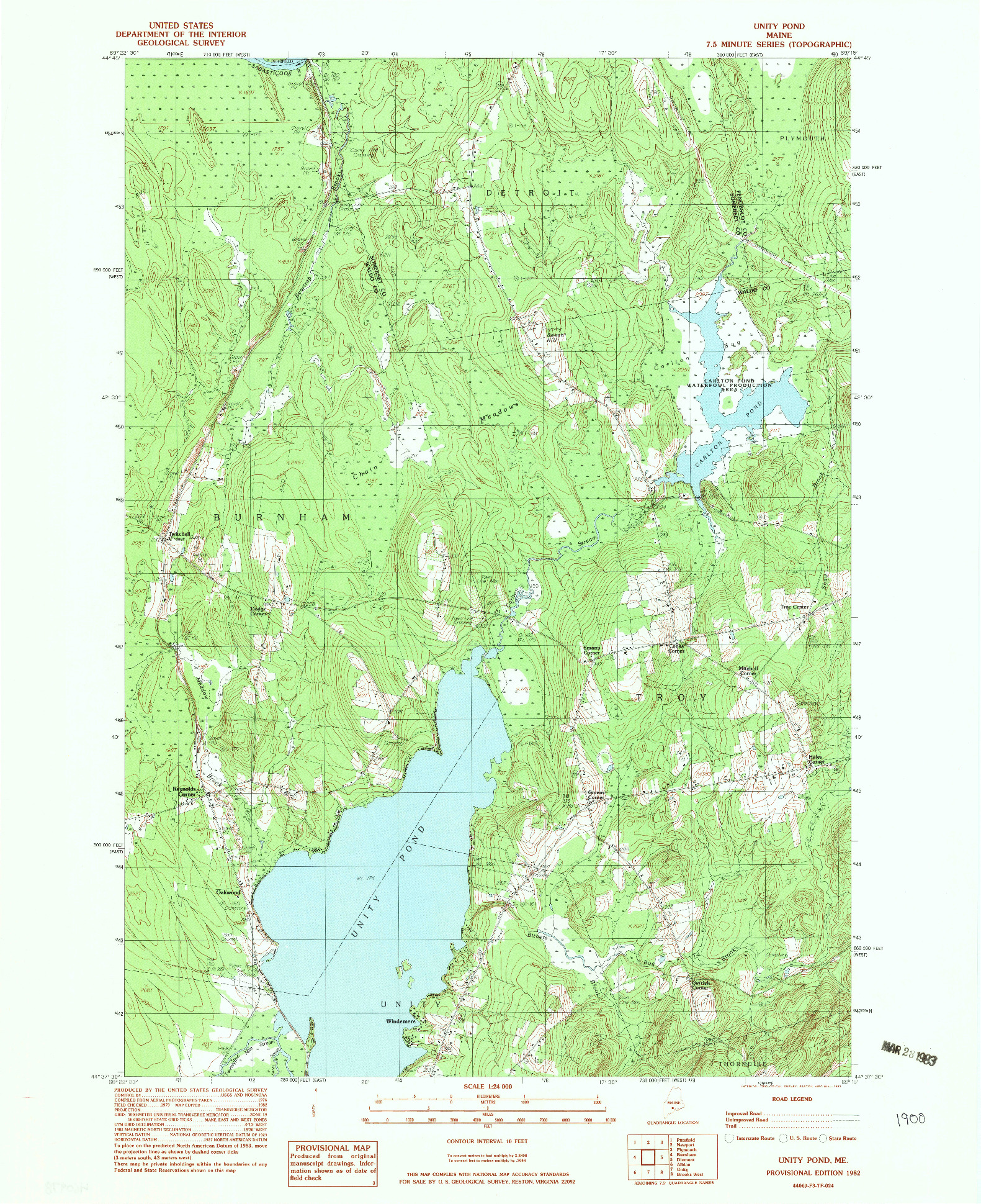 USGS 1:24000-SCALE QUADRANGLE FOR UNITY POND, ME 1982