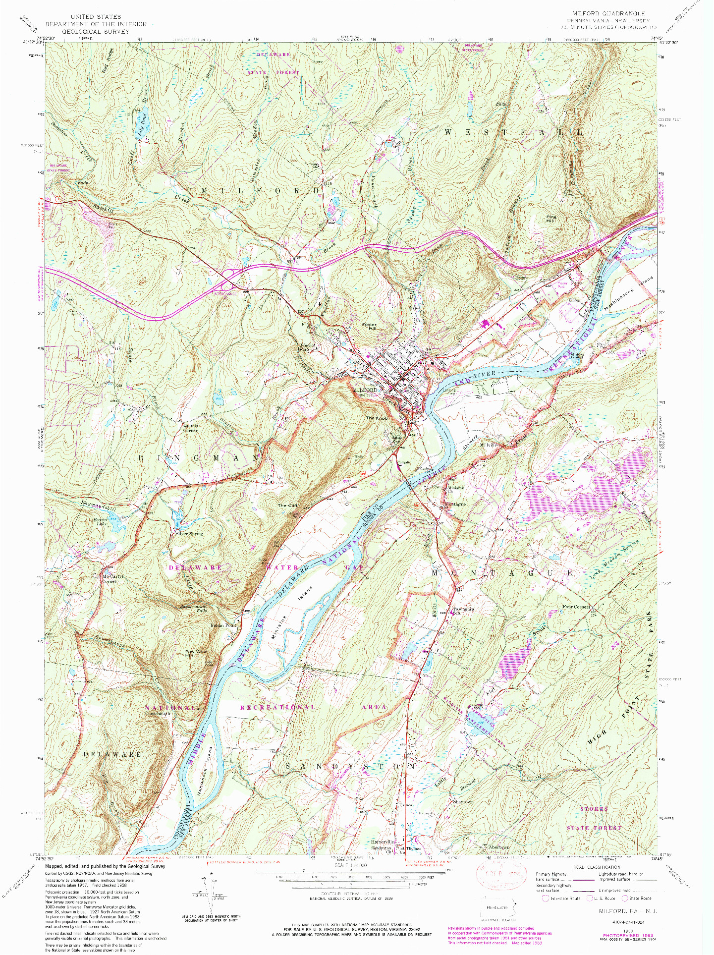 USGS 1:24000-SCALE QUADRANGLE FOR MILFORD, PA 1958