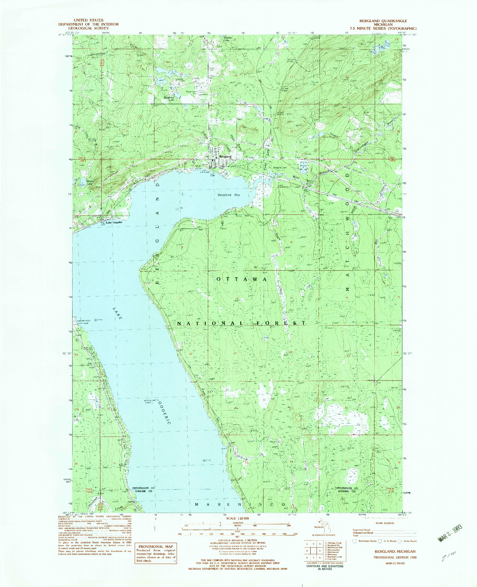 USGS 1:25000-SCALE QUADRANGLE FOR BERGLAND, MI 1982