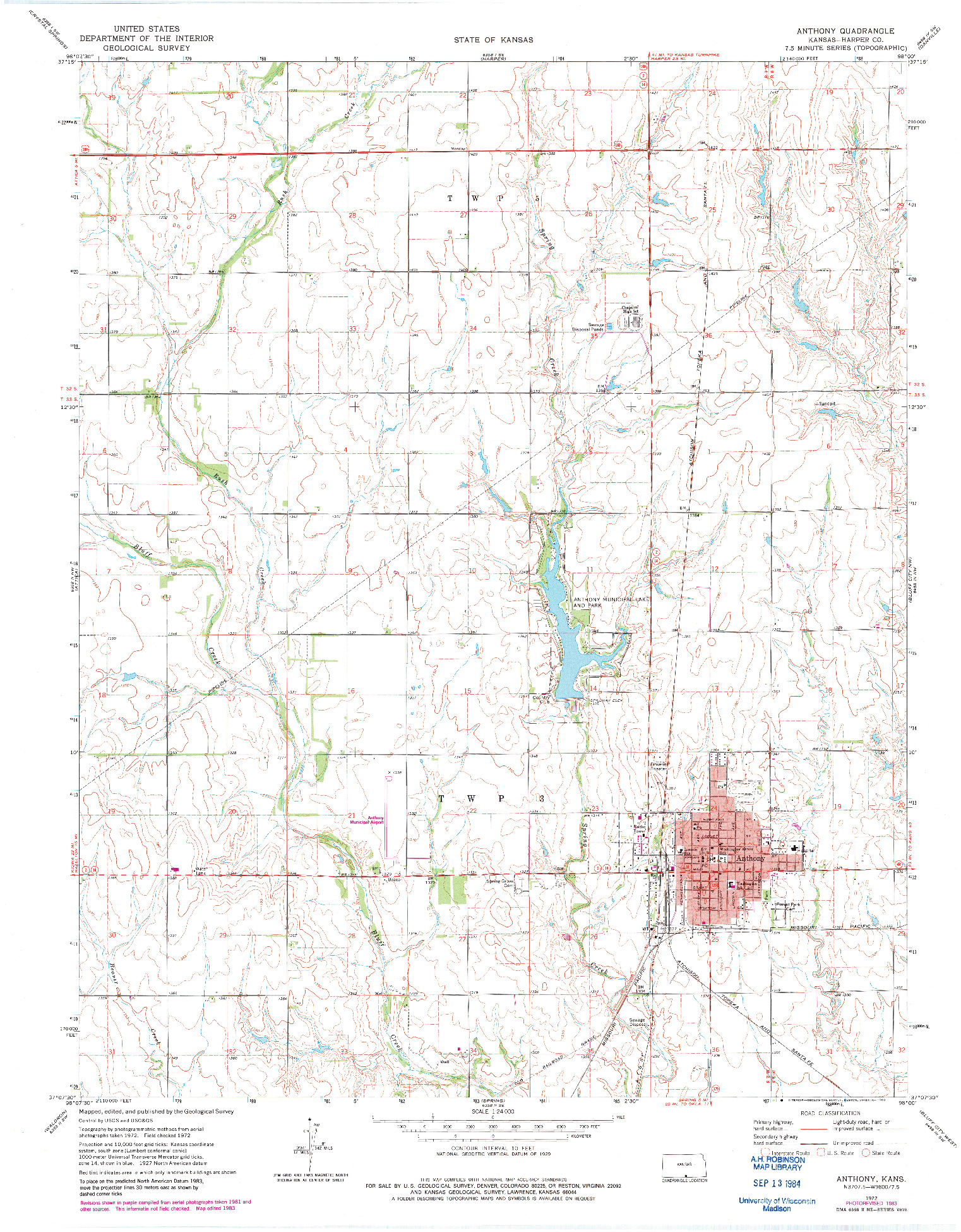 USGS 1:24000-SCALE QUADRANGLE FOR ANTHONY, KS 1972