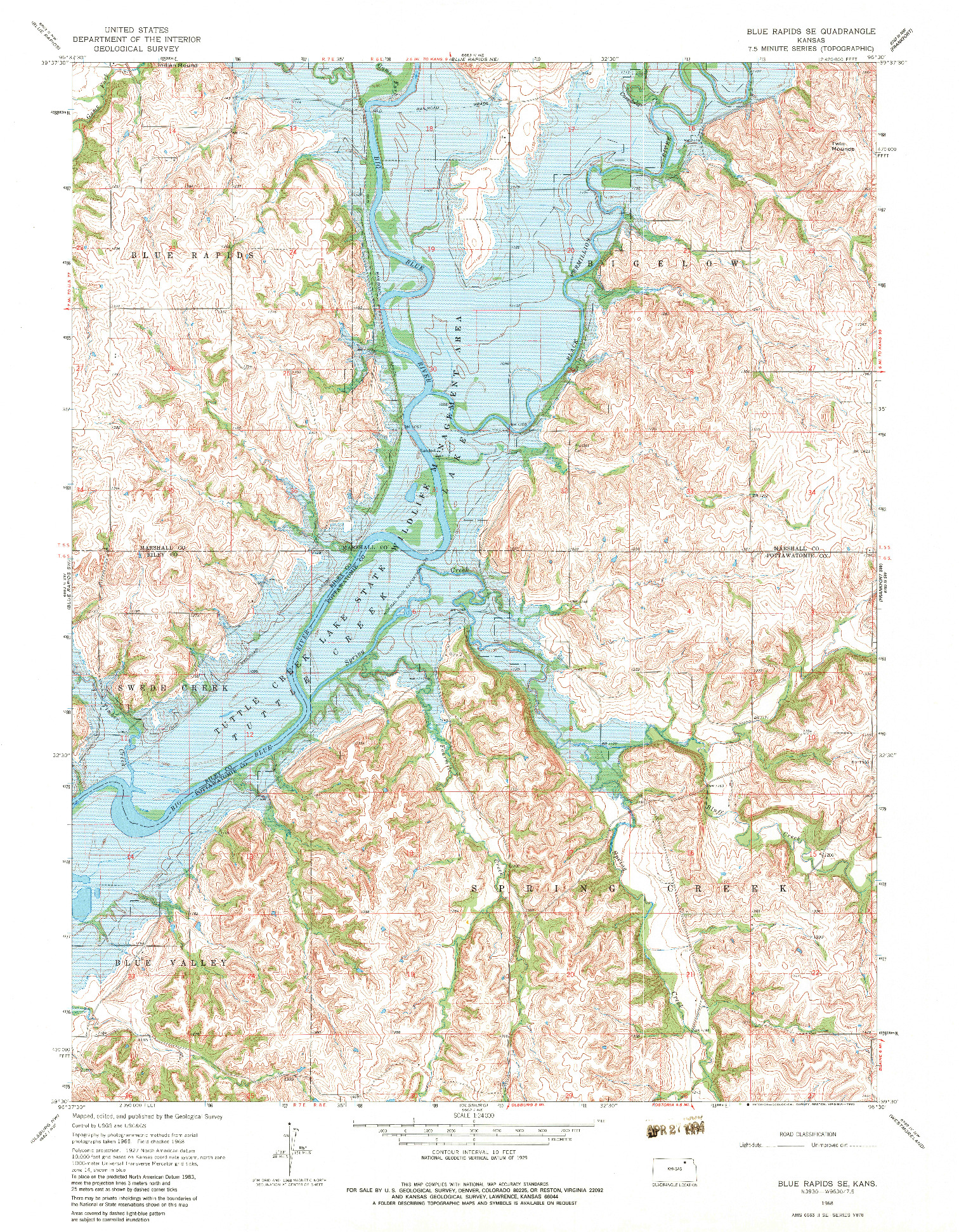 USGS 1:24000-SCALE QUADRANGLE FOR BLUE RAPIDS SE, KS 1968