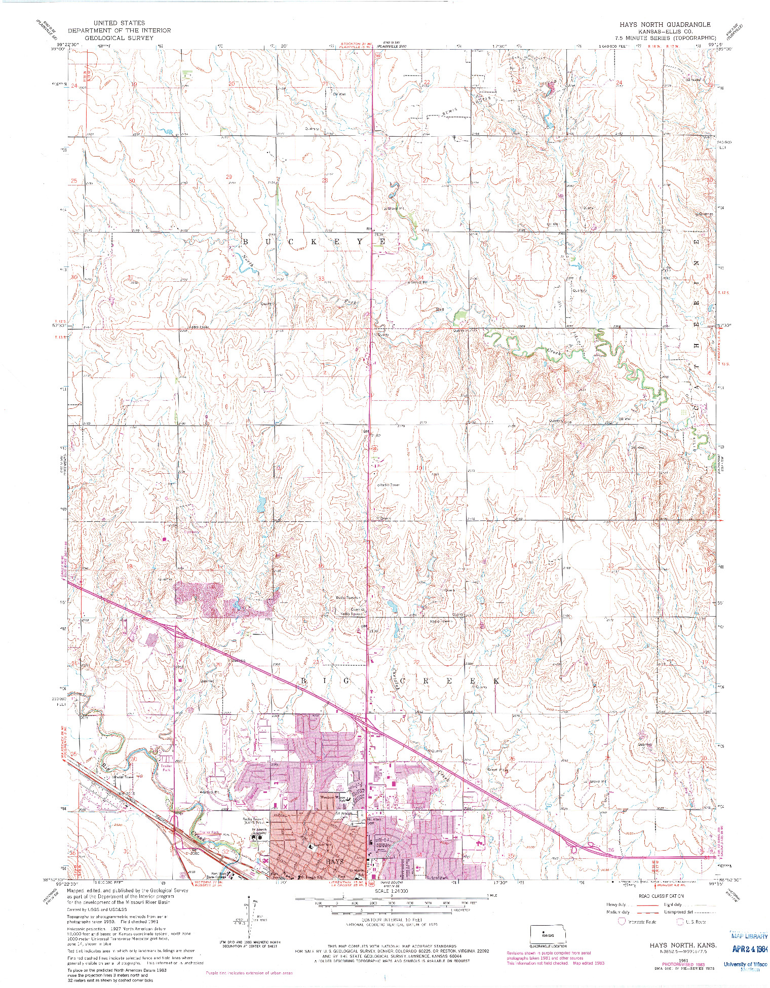 USGS 1:24000-SCALE QUADRANGLE FOR HAYS NORTH, KS 1961