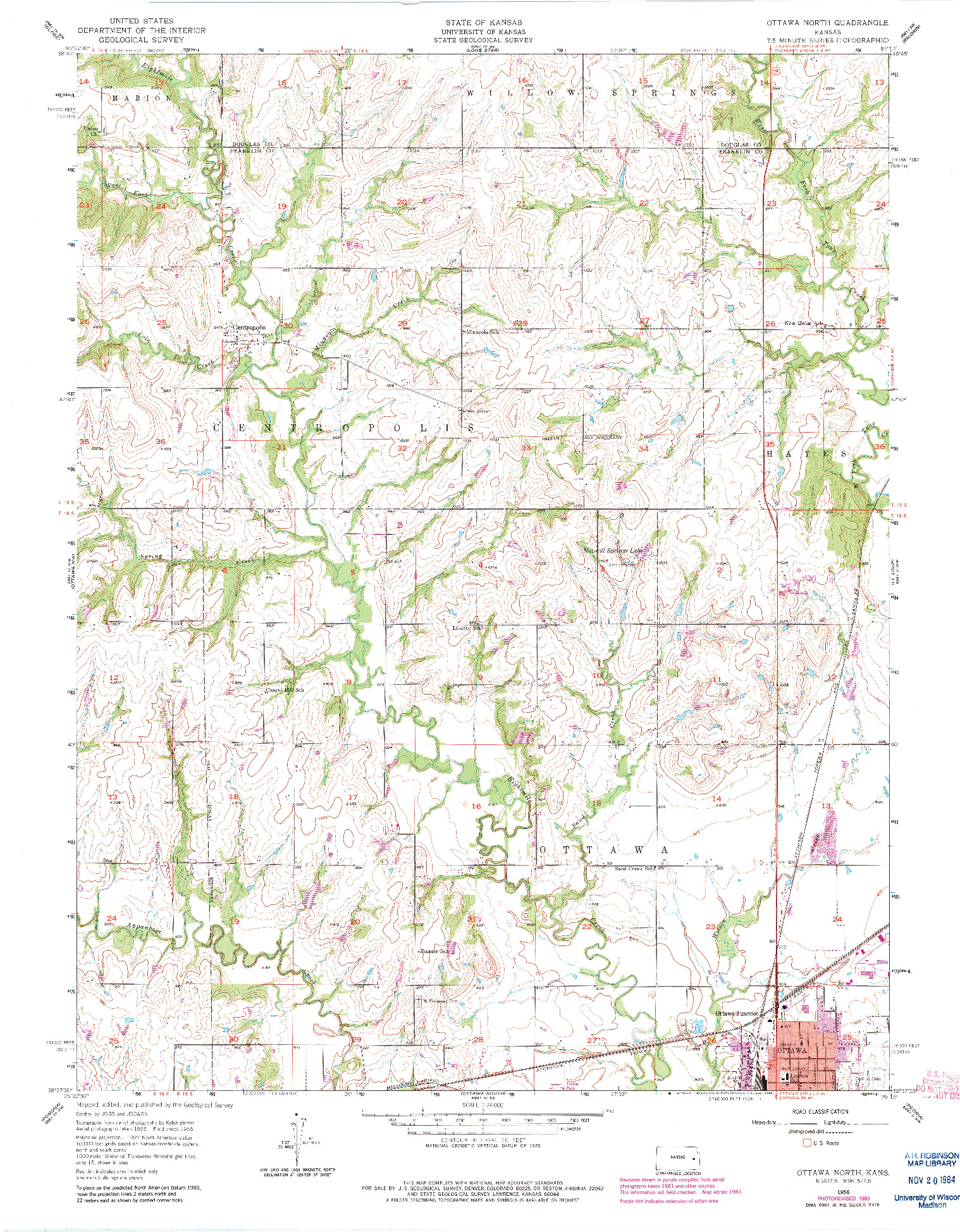 USGS 1:24000-SCALE QUADRANGLE FOR OTTAWA NORTH, KS 1956