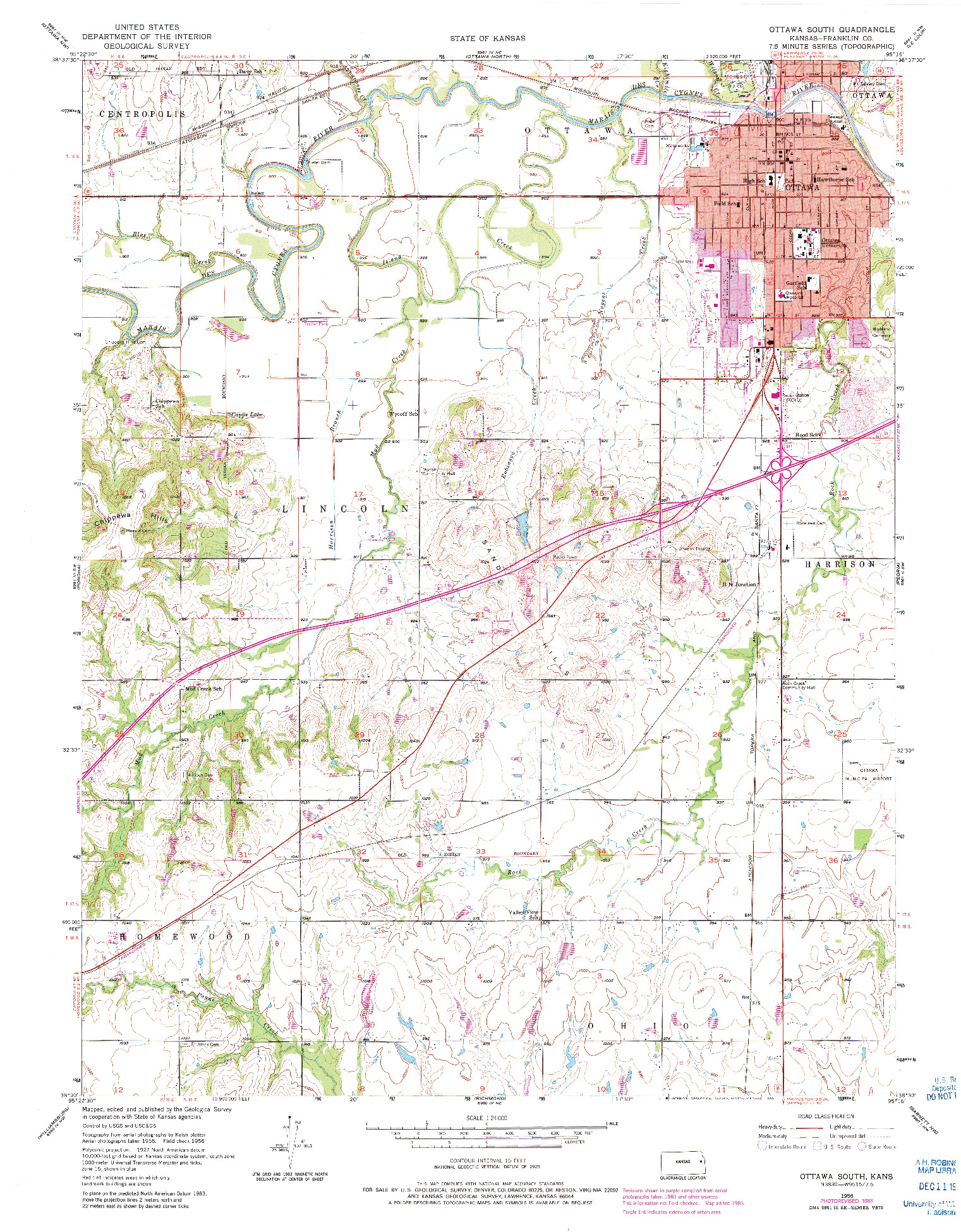 USGS 1:24000-SCALE QUADRANGLE FOR OTTAWA SOUTH, KS 1956