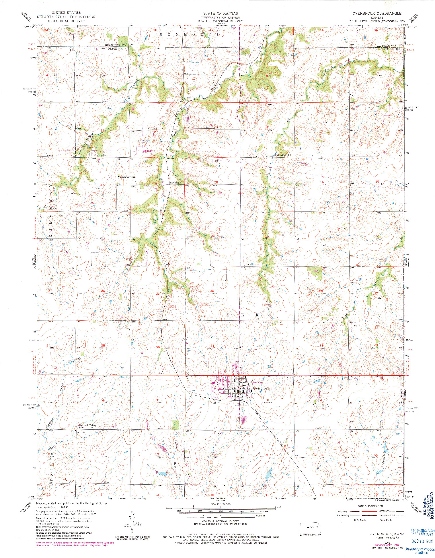 USGS 1:24000-SCALE QUADRANGLE FOR OVERBROOK, KS 1955