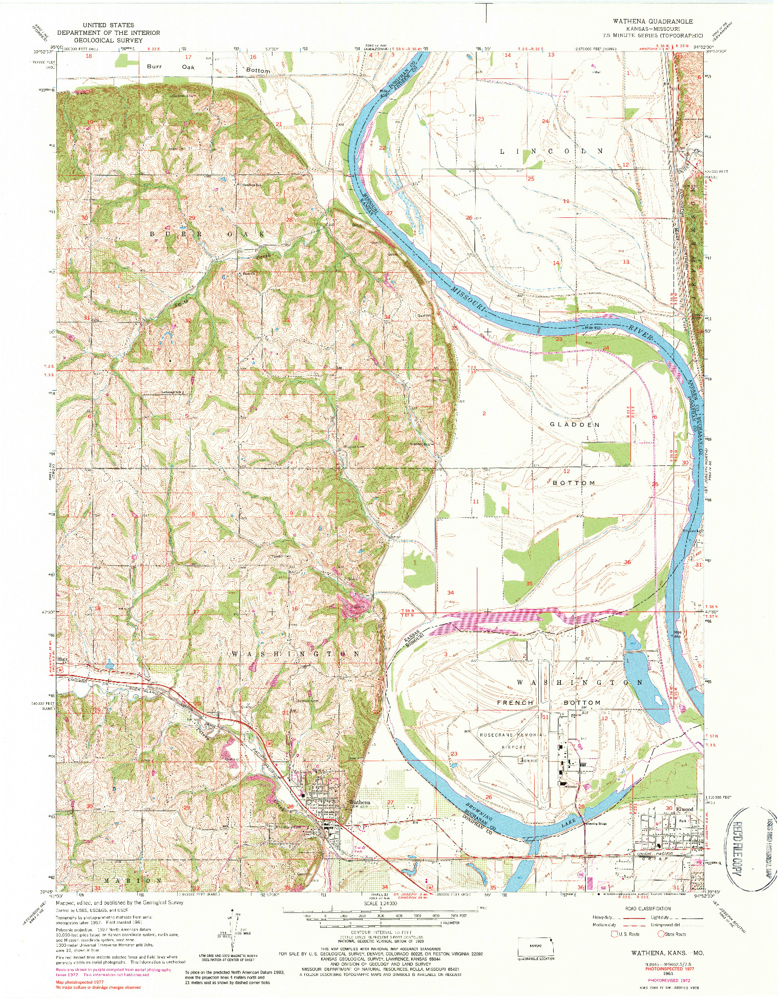 USGS 1:24000-SCALE QUADRANGLE FOR WATHENA, KS 1961