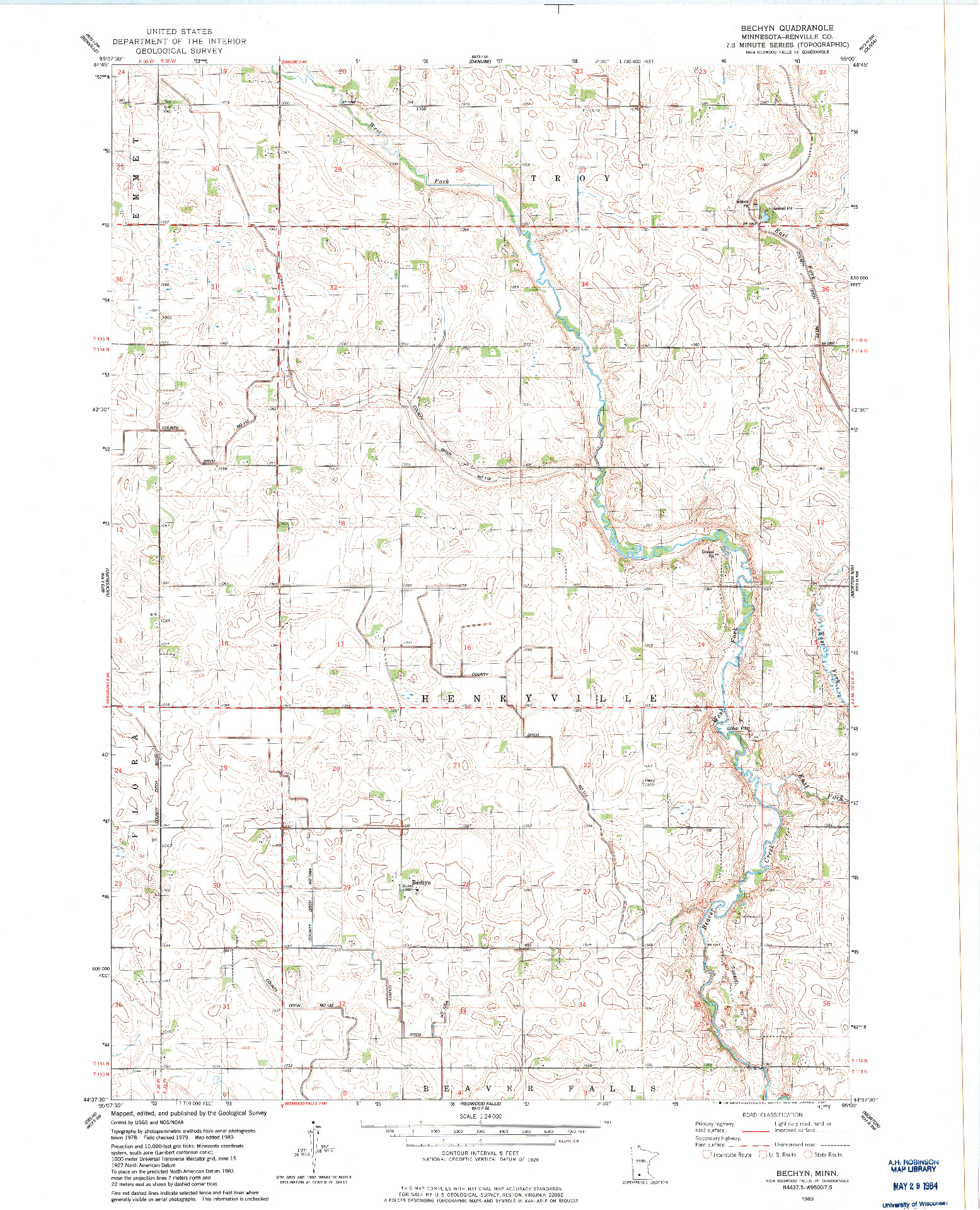 USGS 1:24000-SCALE QUADRANGLE FOR BECHYN, MN 1983