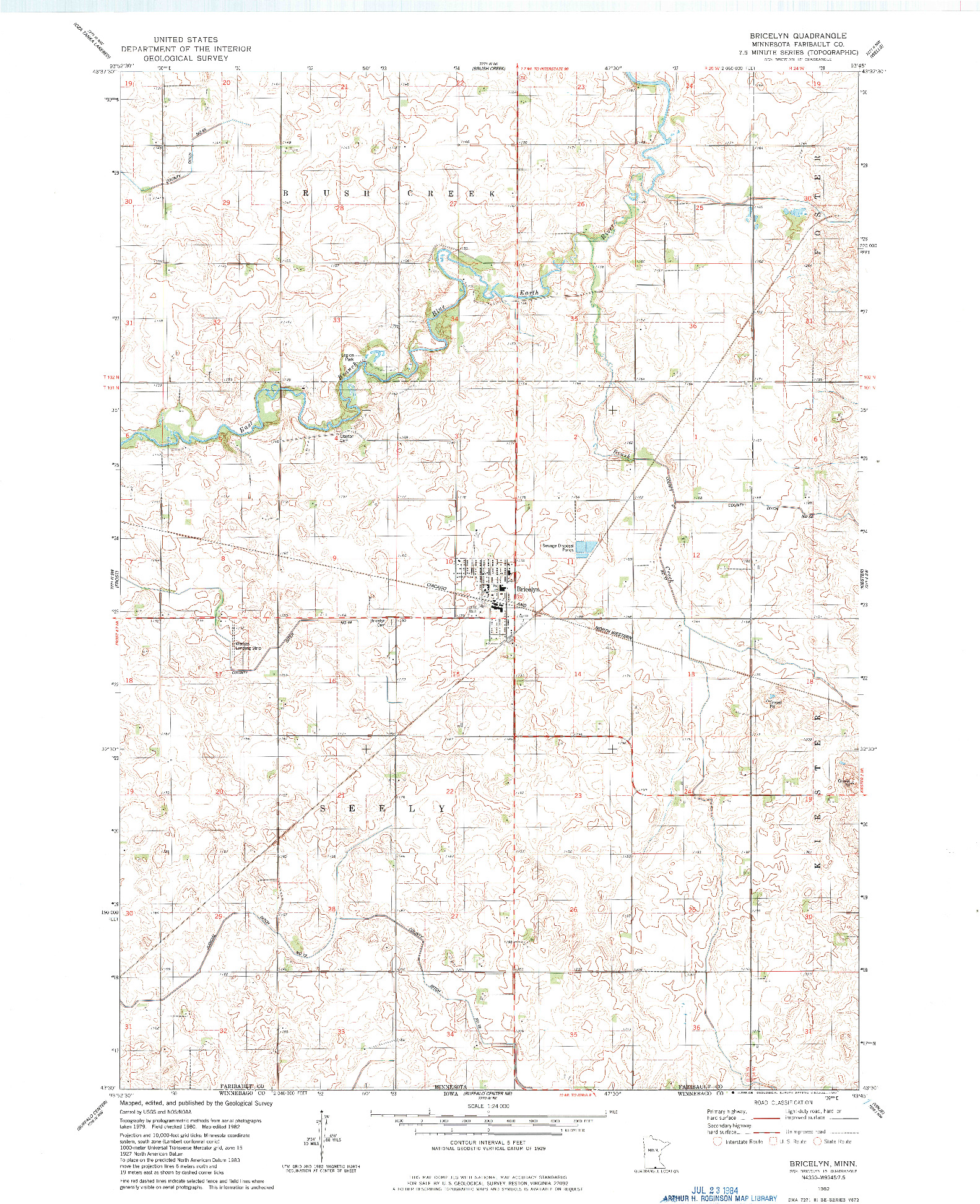 USGS 1:24000-SCALE QUADRANGLE FOR BRICELYN, MN 1982