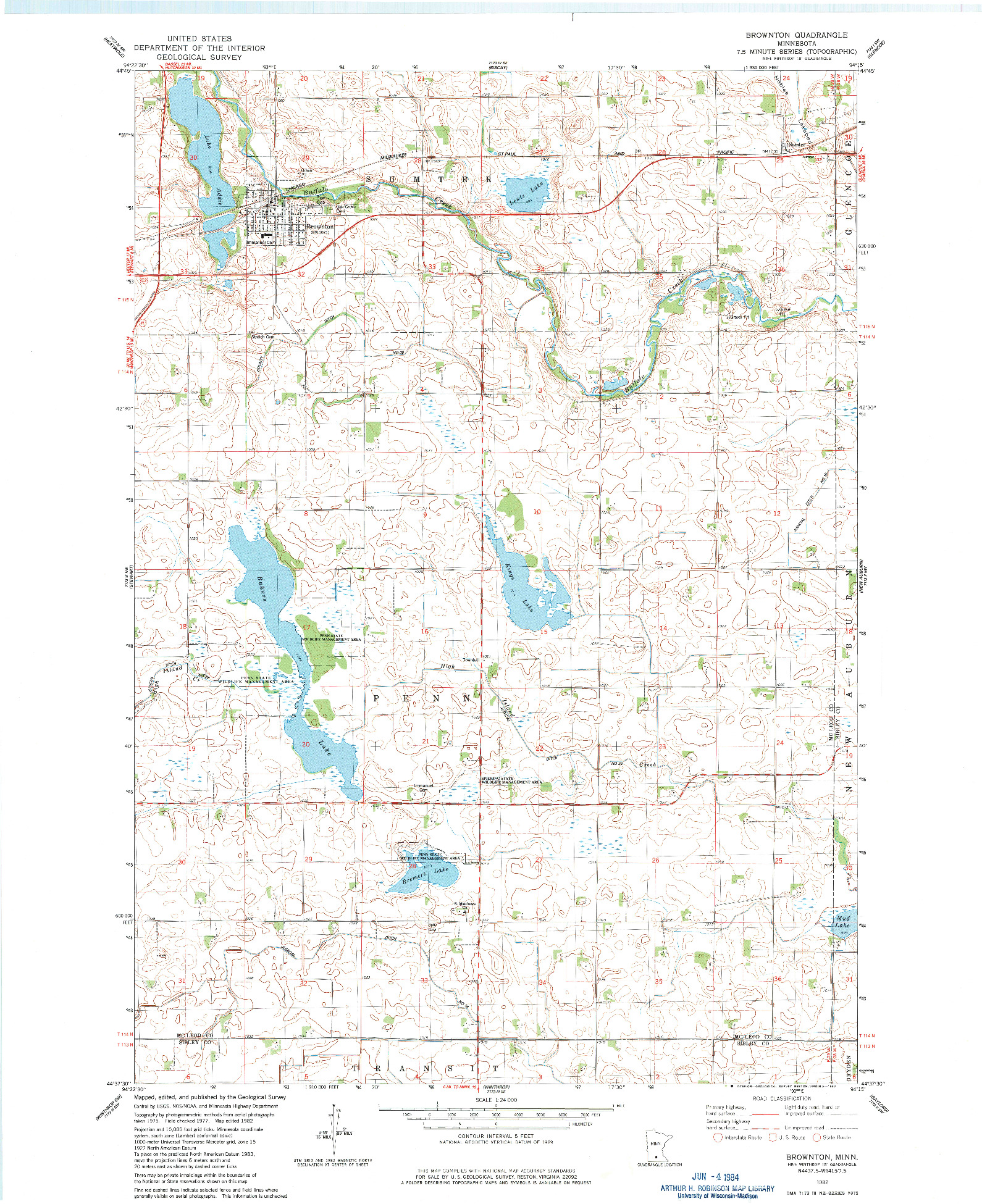 USGS 1:24000-SCALE QUADRANGLE FOR BROWNTON, MN 1982