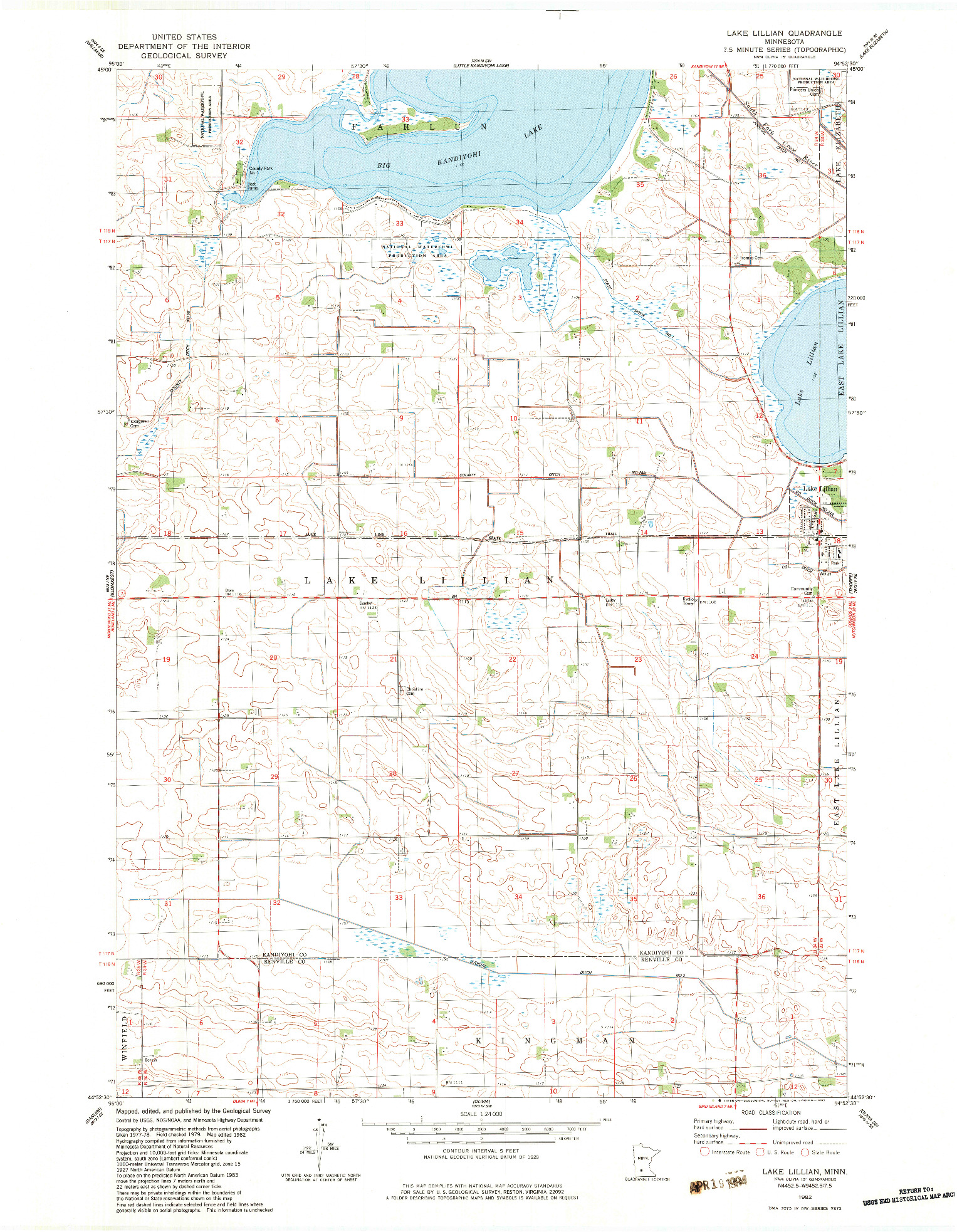 USGS 1:24000-SCALE QUADRANGLE FOR LAKE LILLIAN, MN 1982