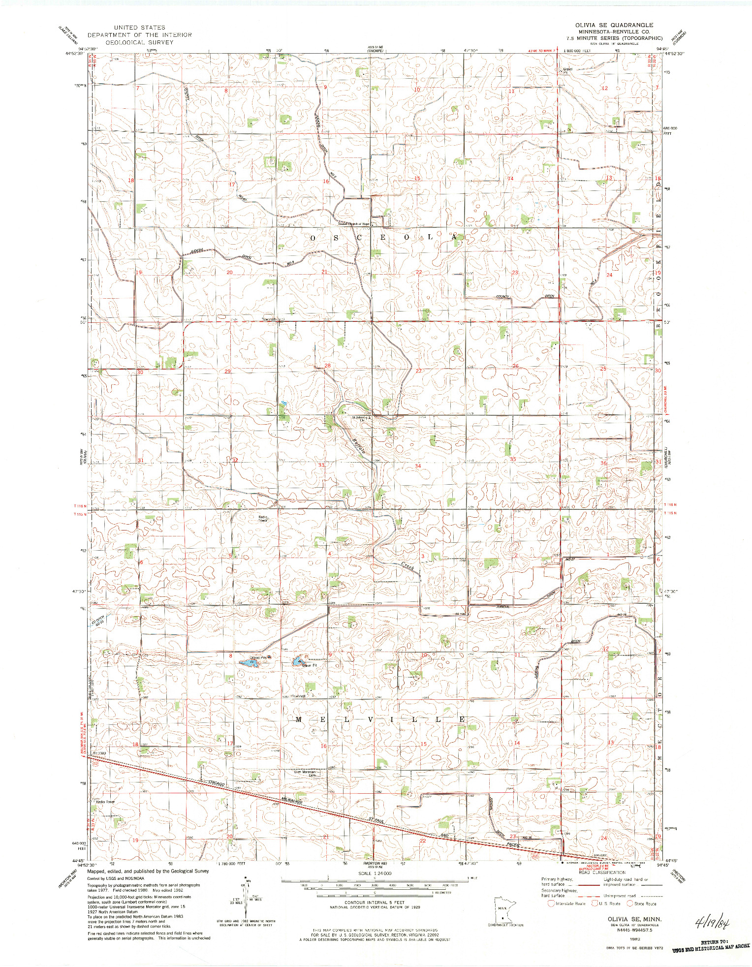 USGS 1:24000-SCALE QUADRANGLE FOR OLIVIA SE, MN 1982