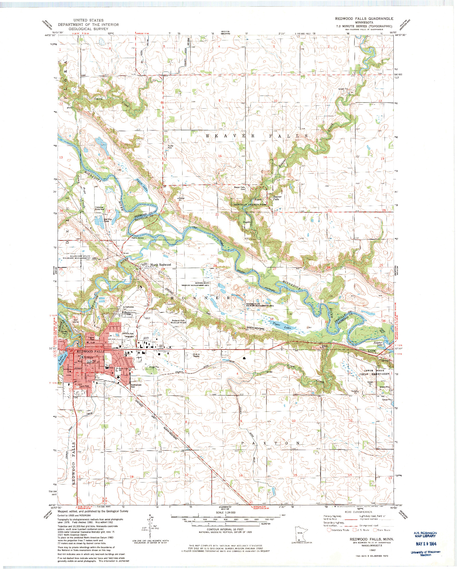 USGS 1:24000-SCALE QUADRANGLE FOR REDWOOD FALLS, MN 1982