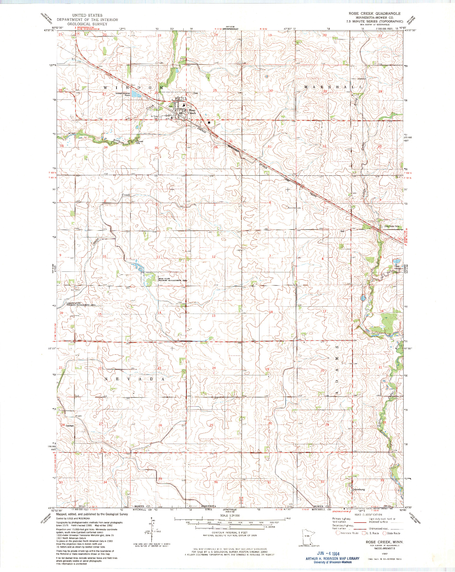 USGS 1:24000-SCALE QUADRANGLE FOR ROSE CREEK, MN 1982
