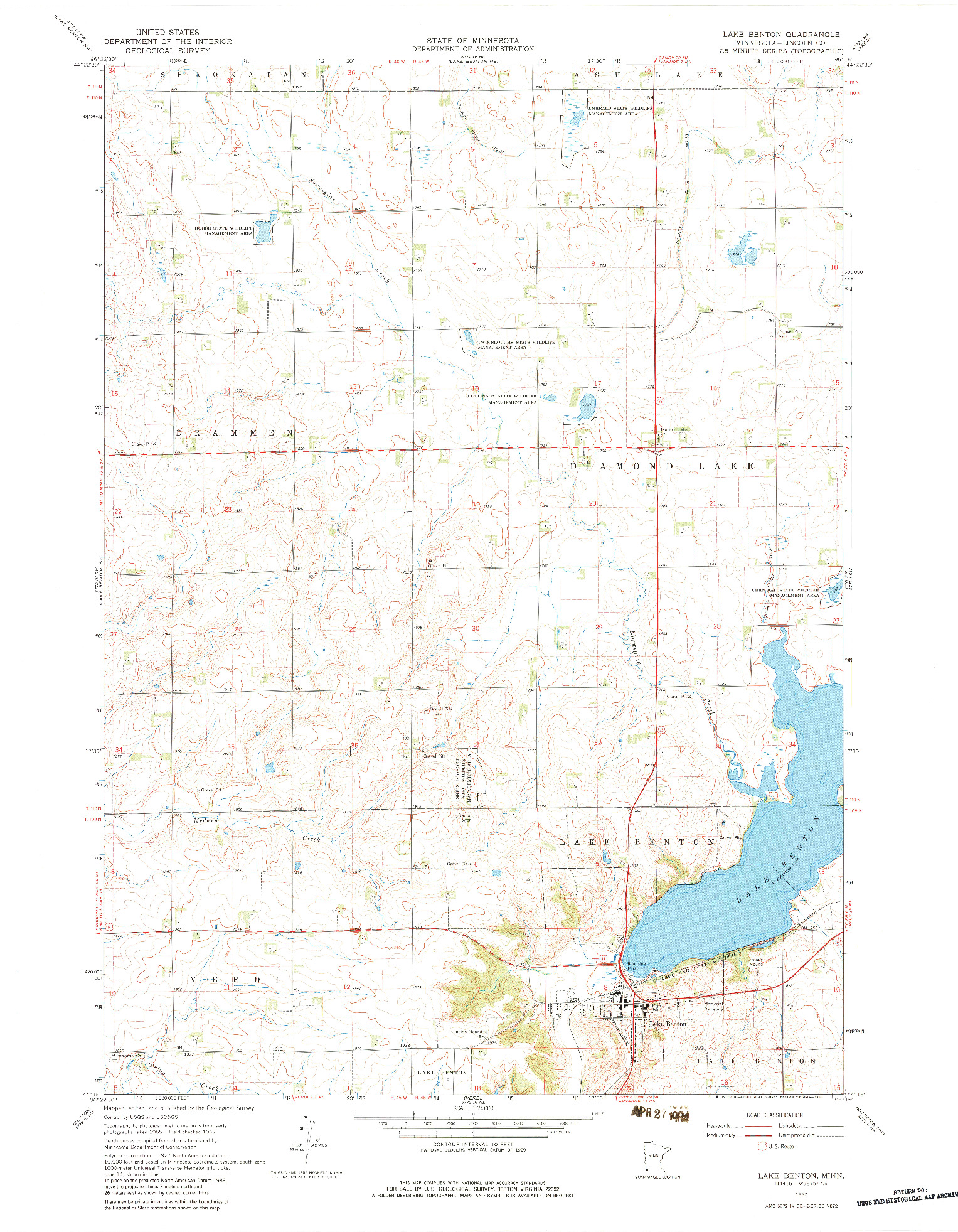 USGS 1:24000-SCALE QUADRANGLE FOR LAKE BENTON, MN 1967