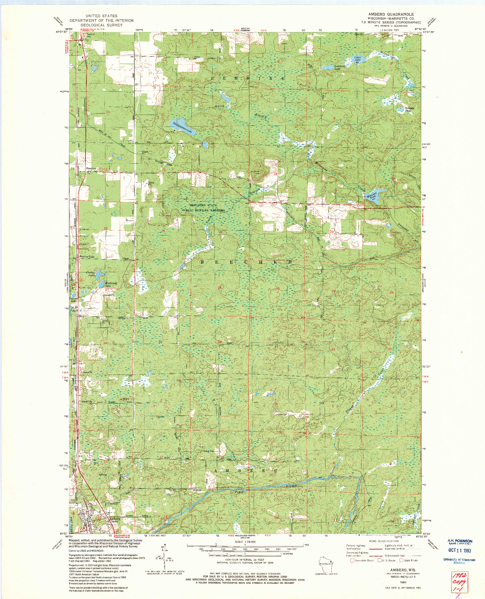 USGS 1:24000-SCALE QUADRANGLE FOR AMBERG, WI 1982