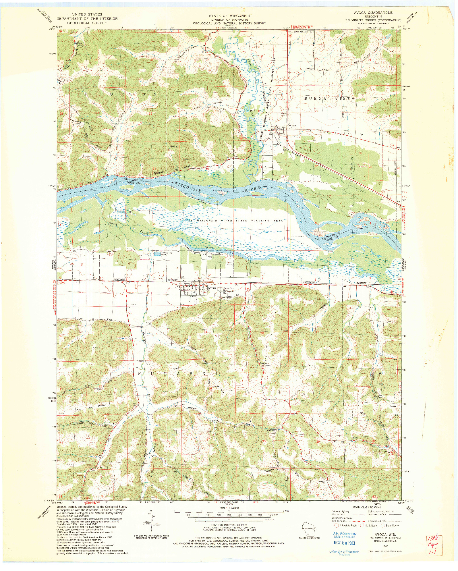 USGS 1:24000-SCALE QUADRANGLE FOR AVOCA, WI 1983