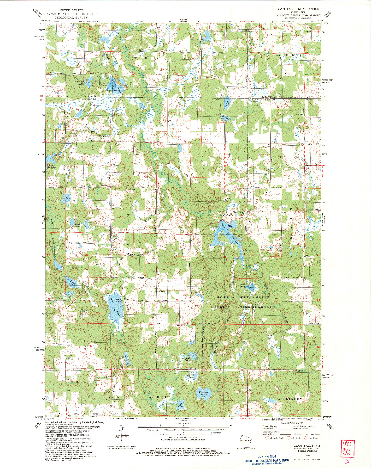 USGS 1:24000-SCALE QUADRANGLE FOR CLAM FALLS, WI 1983