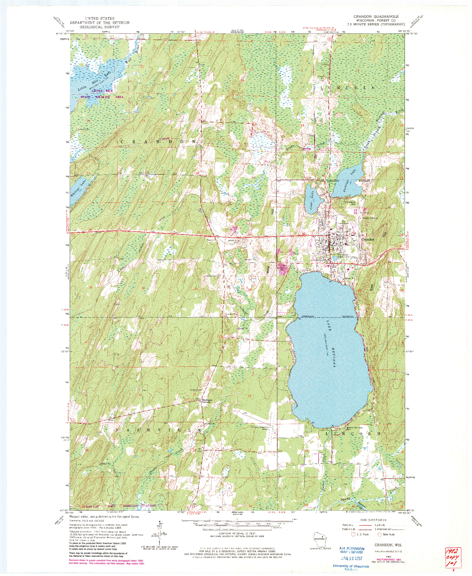 USGS 1:24000-SCALE QUADRANGLE FOR CRANDON, WI 1965