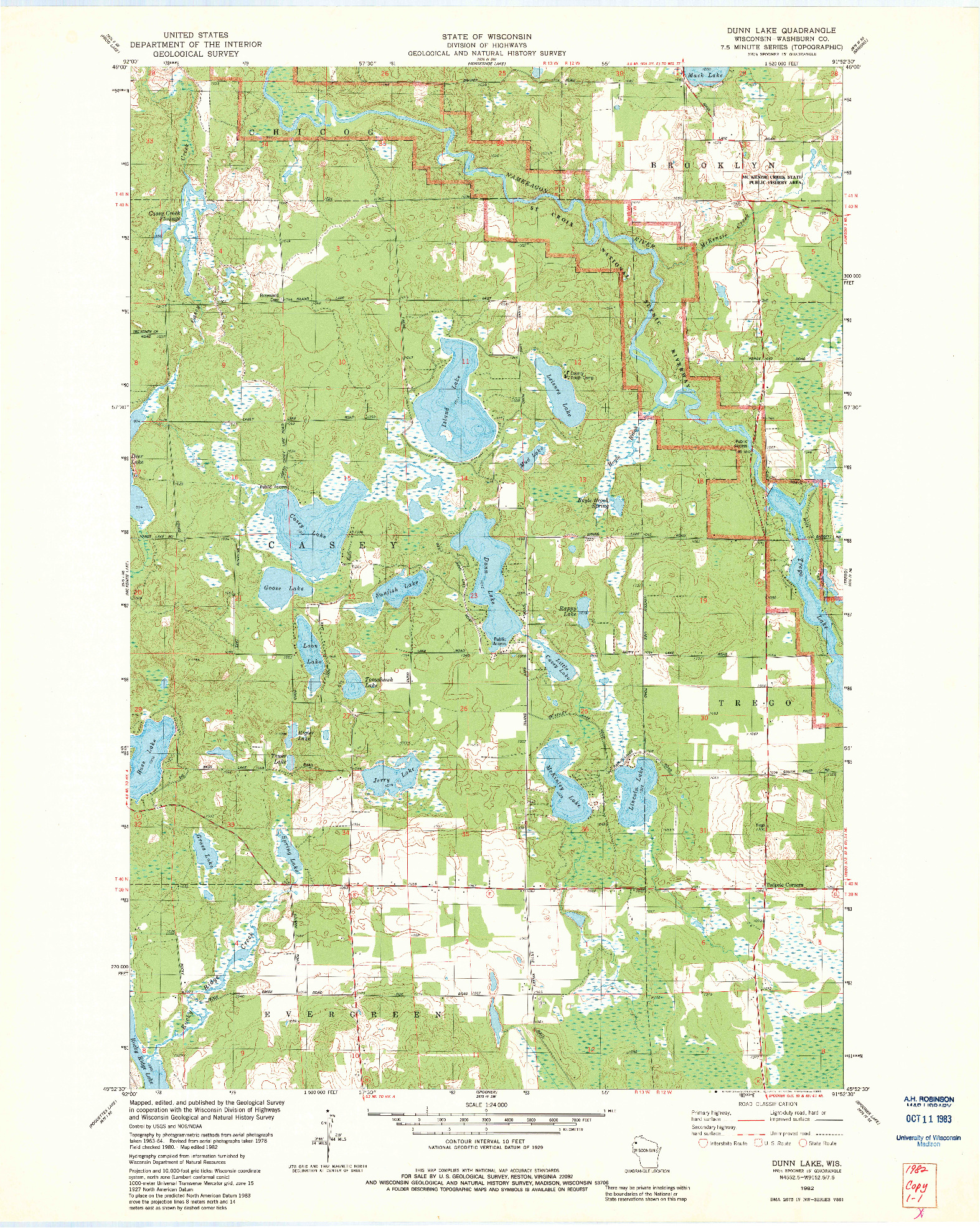 USGS 1:24000-SCALE QUADRANGLE FOR DUNN LAKE, WI 1982