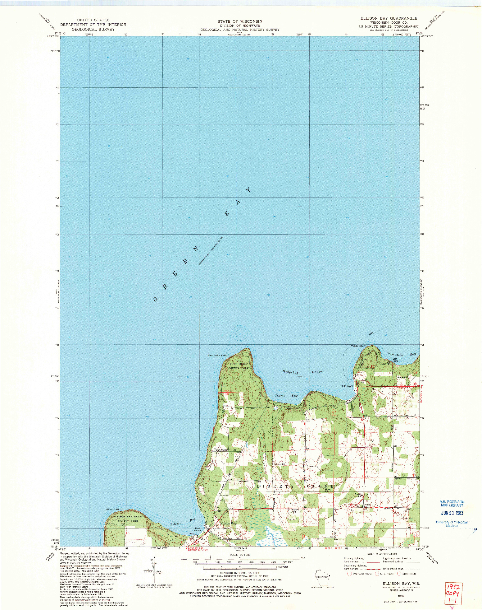 USGS 1:24000-SCALE QUADRANGLE FOR ELLISON BAY, WI 1982