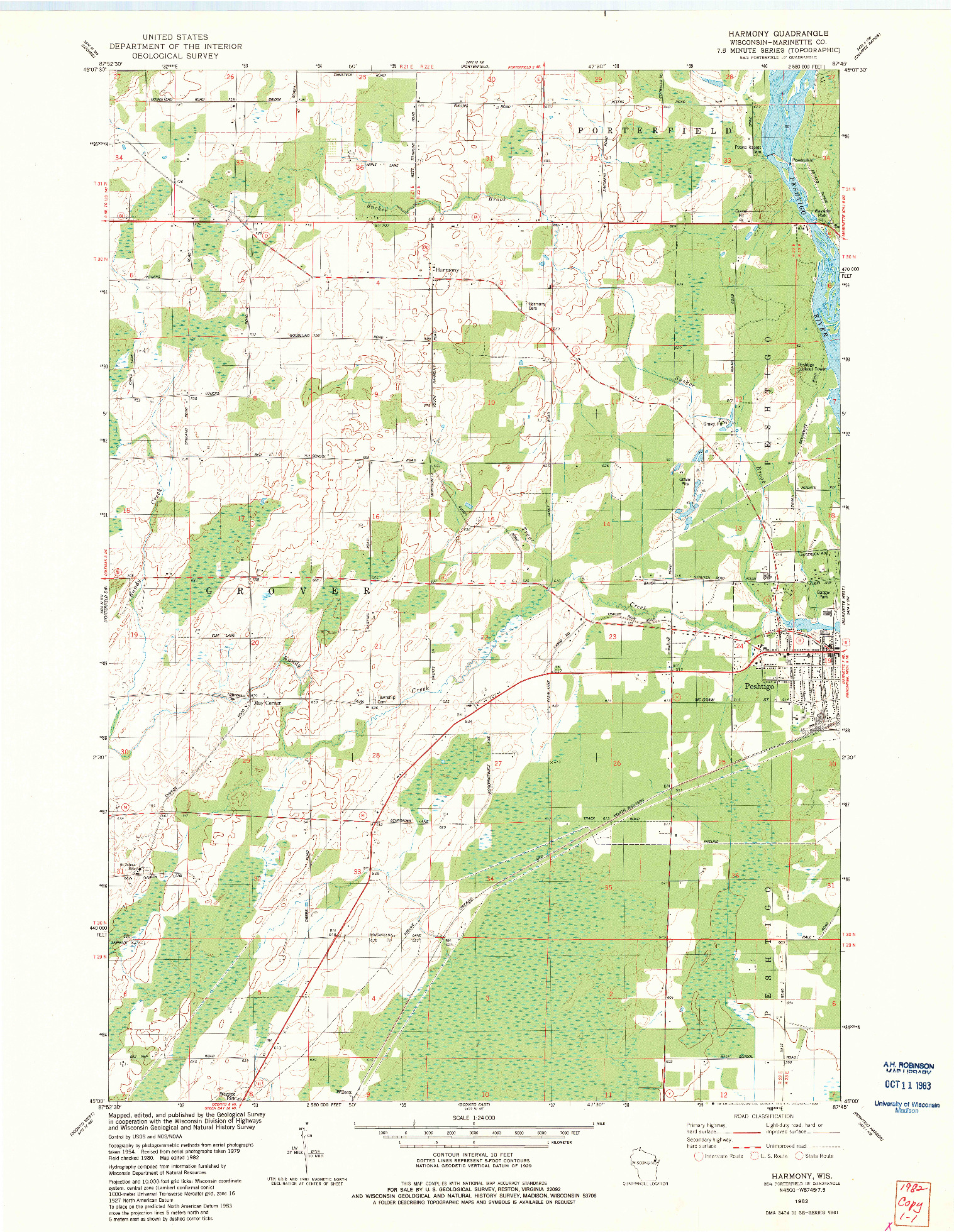 USGS 1:24000-SCALE QUADRANGLE FOR HARMONY, WI 1982