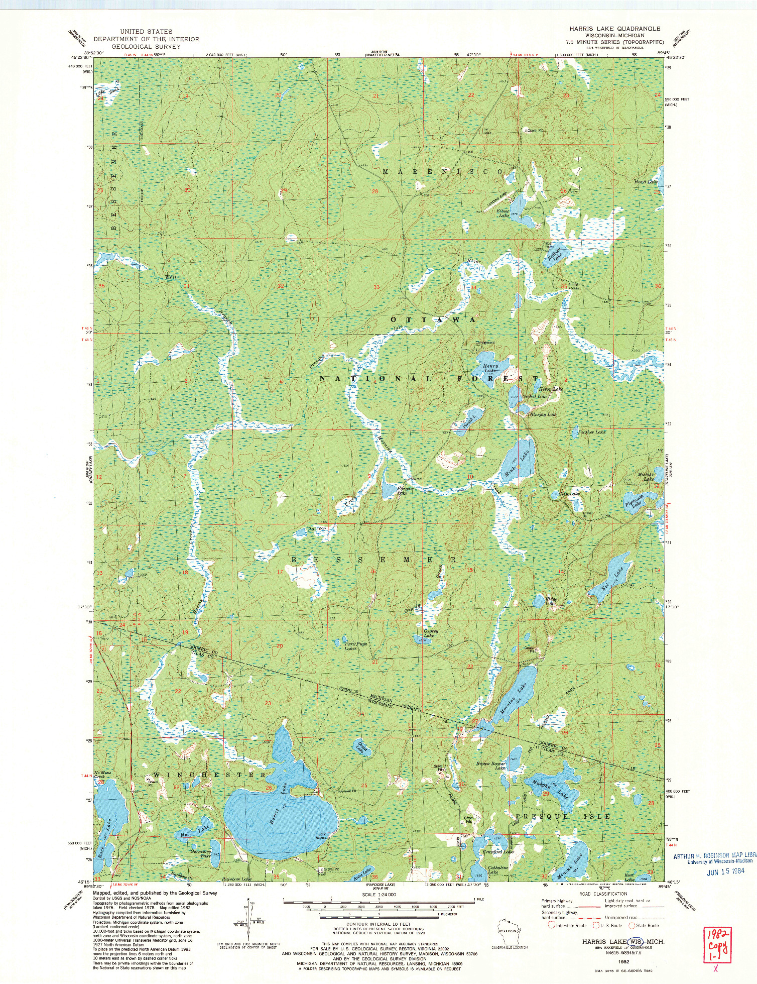 USGS 1:24000-SCALE QUADRANGLE FOR HARRIS LAKE, WI 1982