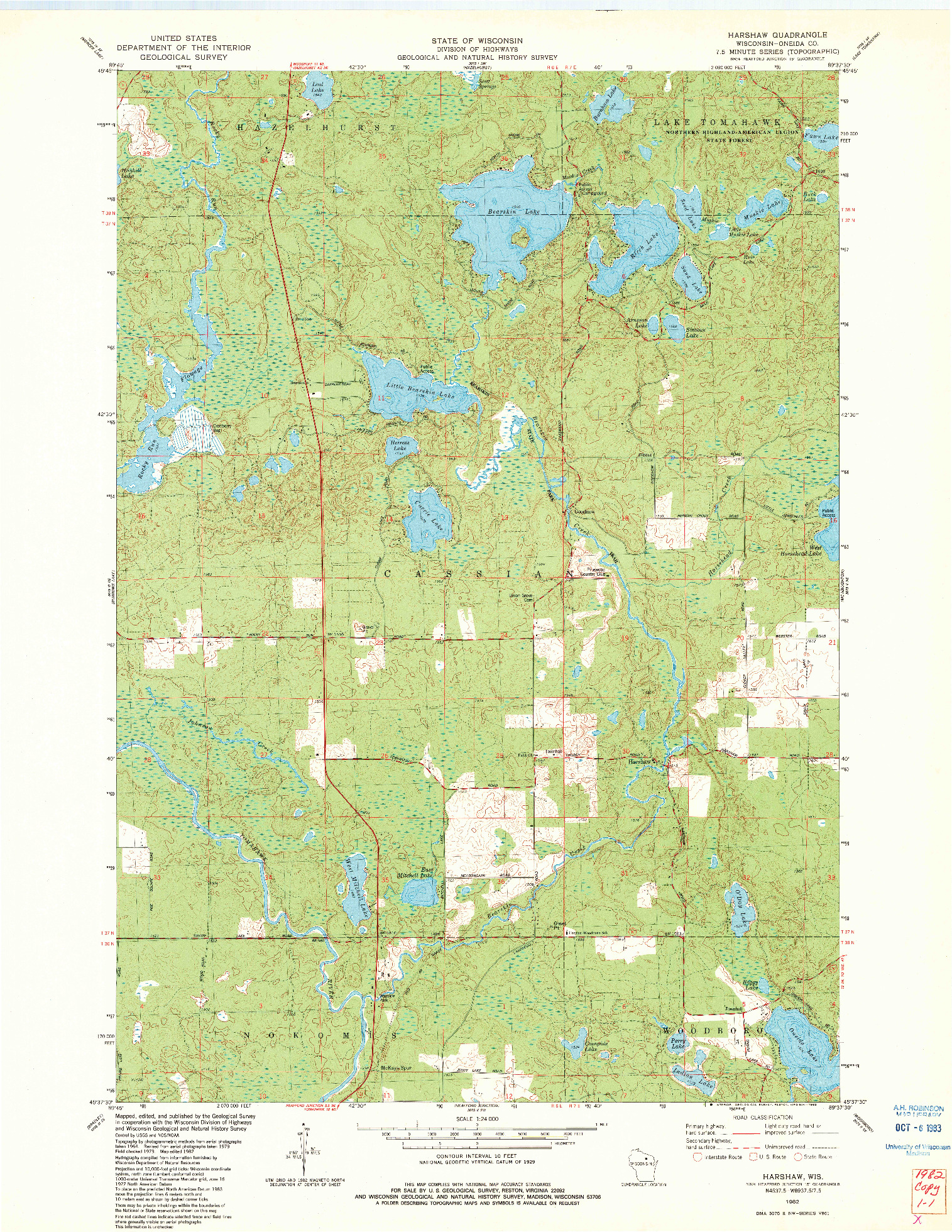 USGS 1:24000-SCALE QUADRANGLE FOR HARSHAW, WI 1982