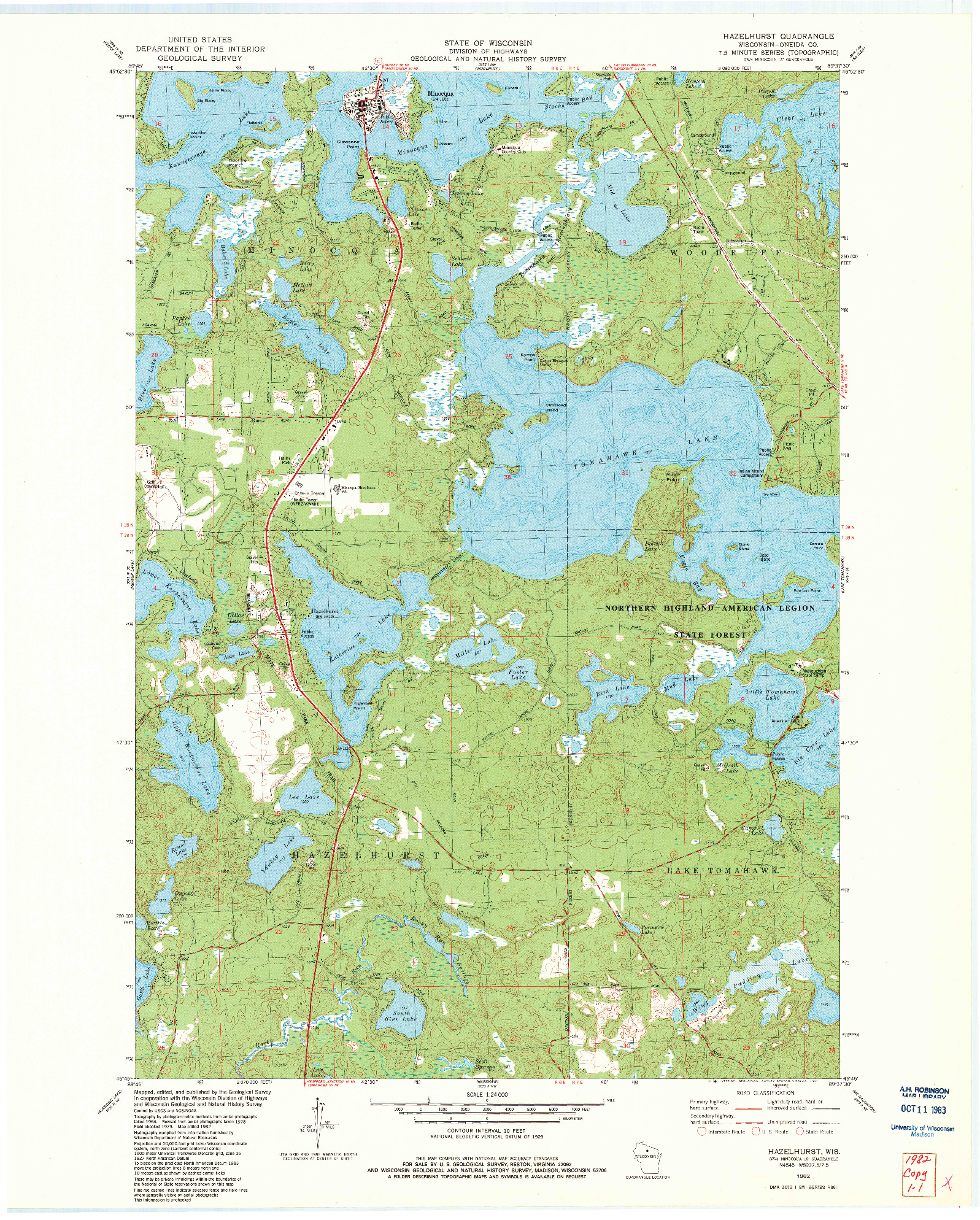 USGS 1:24000-SCALE QUADRANGLE FOR HAZELHURST, WI 1982