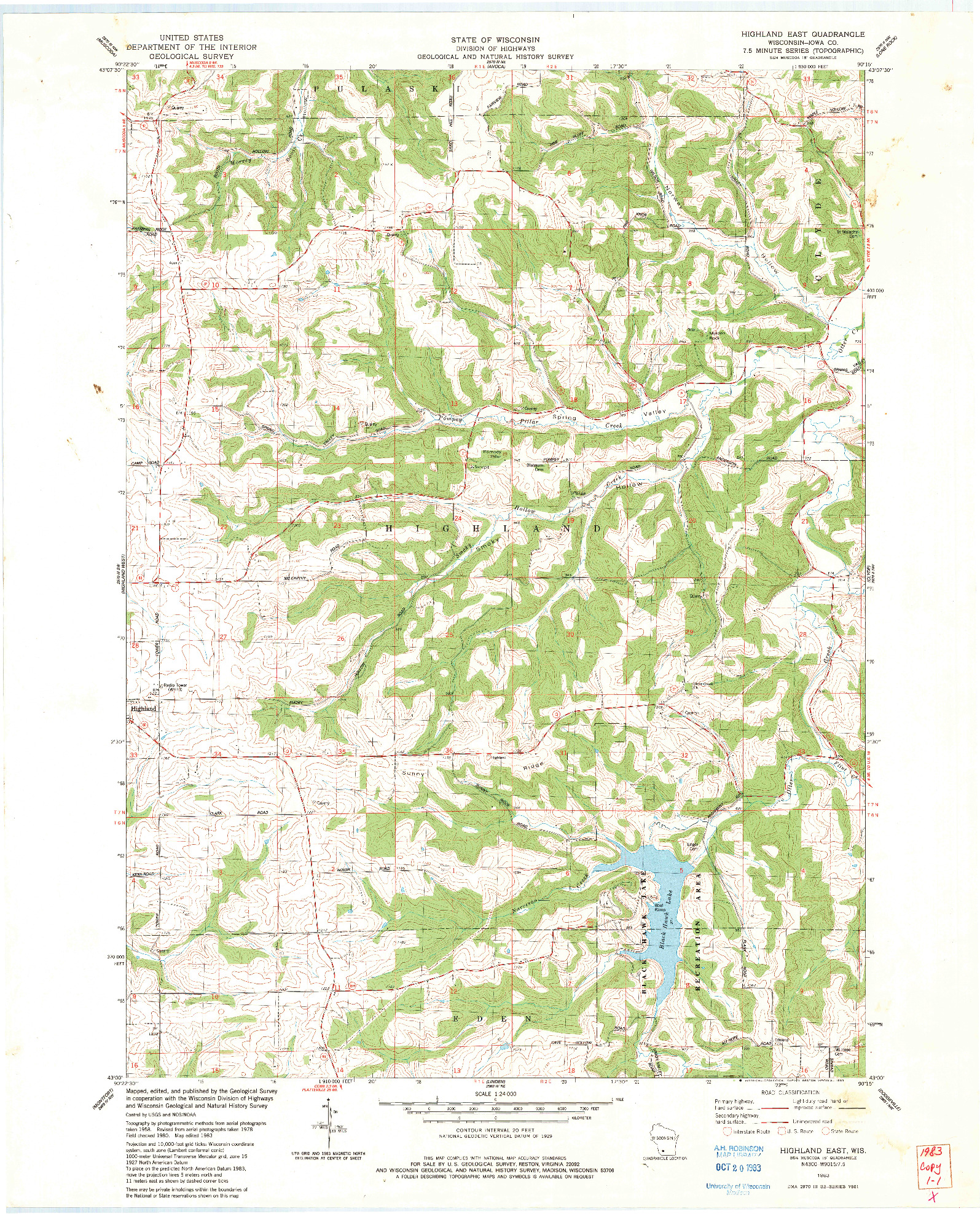 USGS 1:24000-SCALE QUADRANGLE FOR HIGHLAND EAST, WI 1983