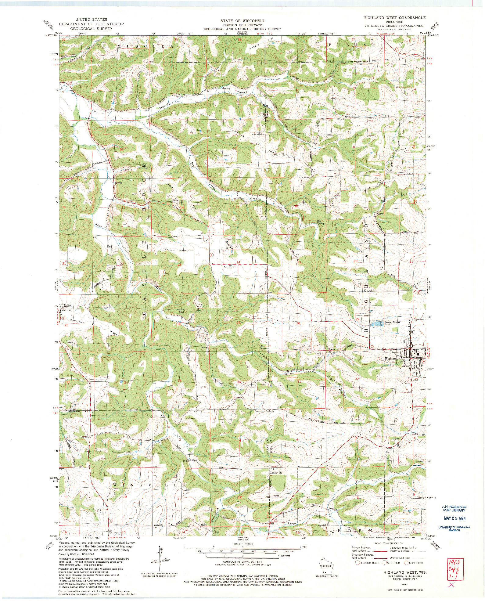 USGS 1:24000-SCALE QUADRANGLE FOR HIGHLAND WEST, WI 1983