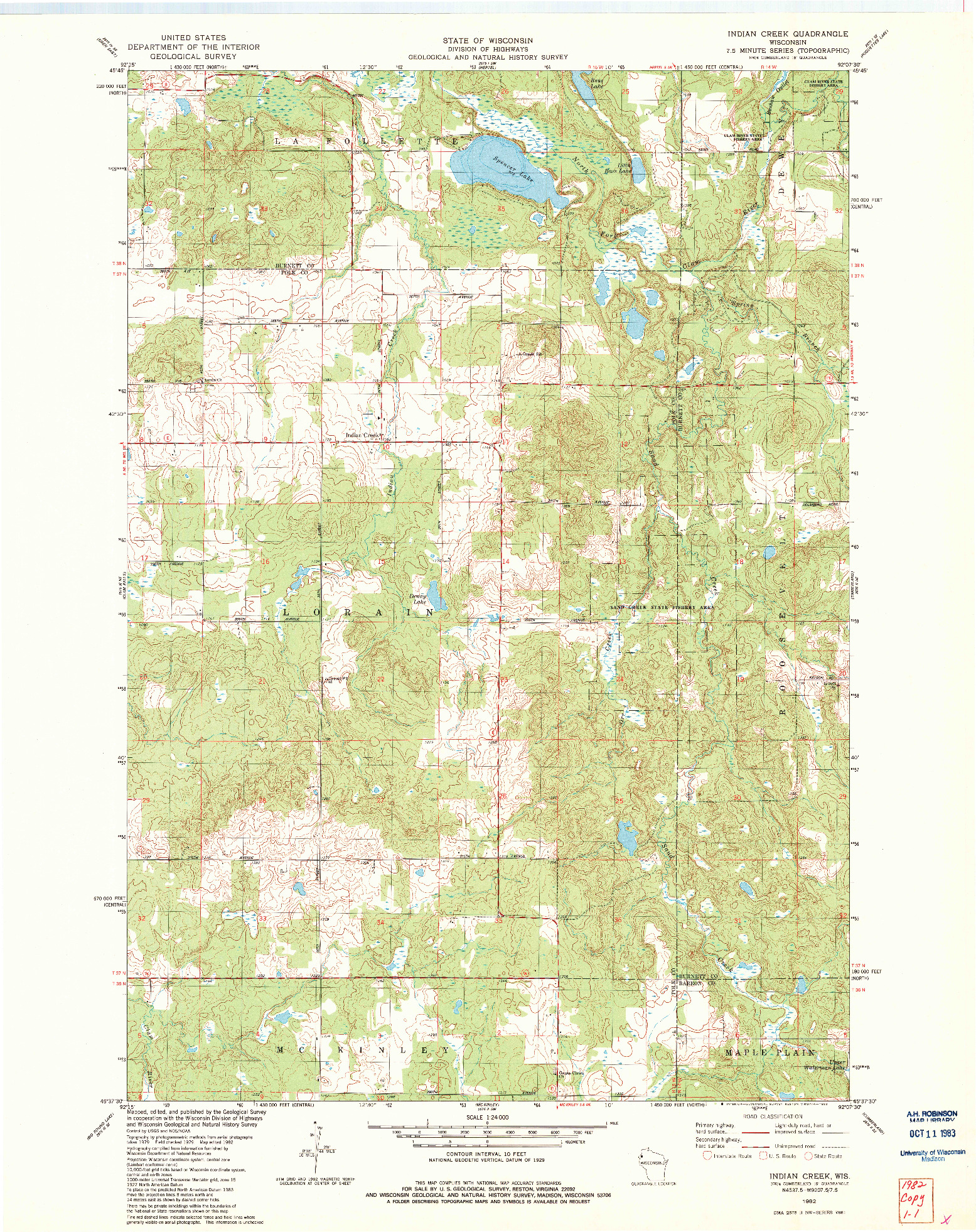 USGS 1:24000-SCALE QUADRANGLE FOR INDIAN CREEK, WI 1982