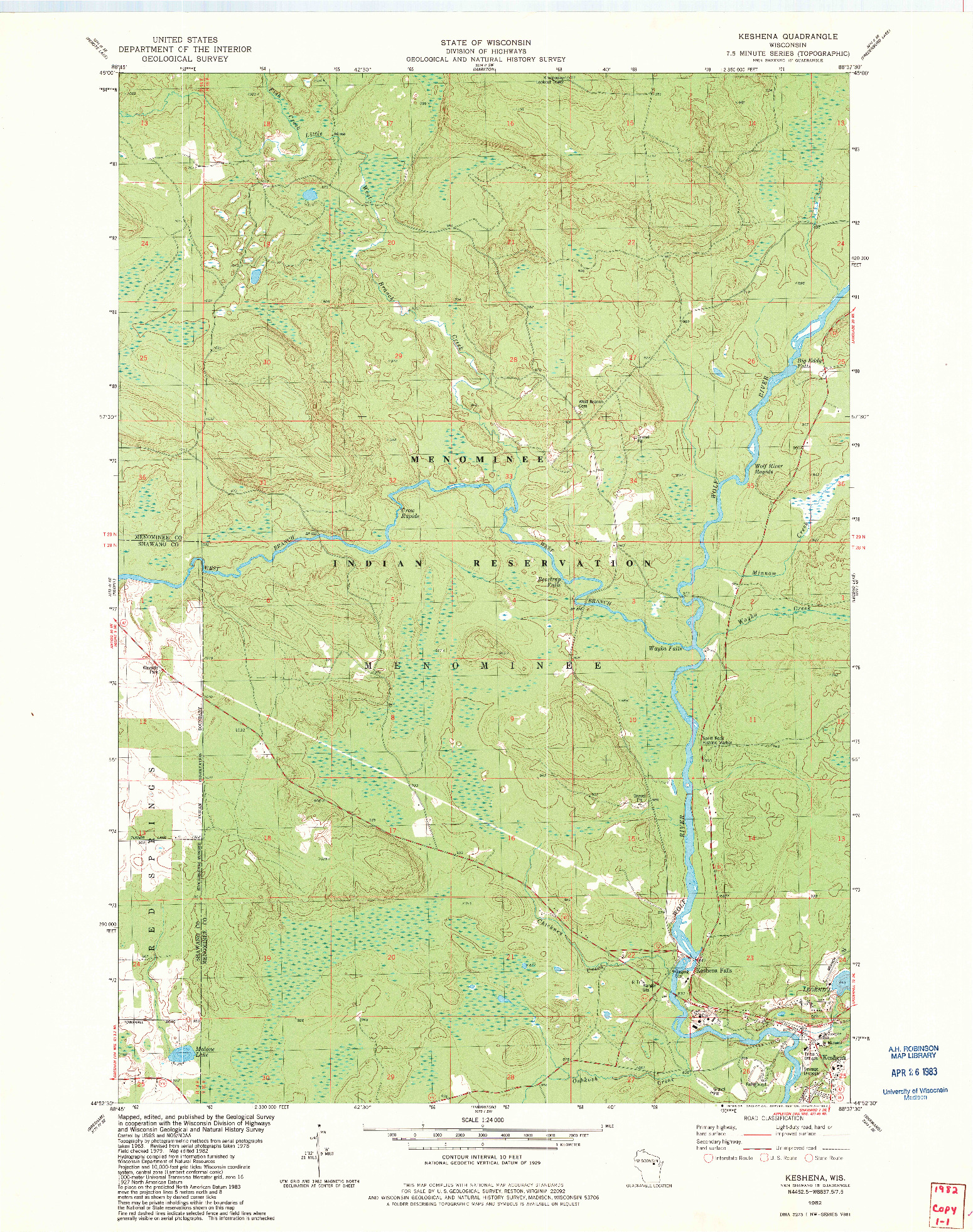USGS 1:24000-SCALE QUADRANGLE FOR KESHENA, WI 1982