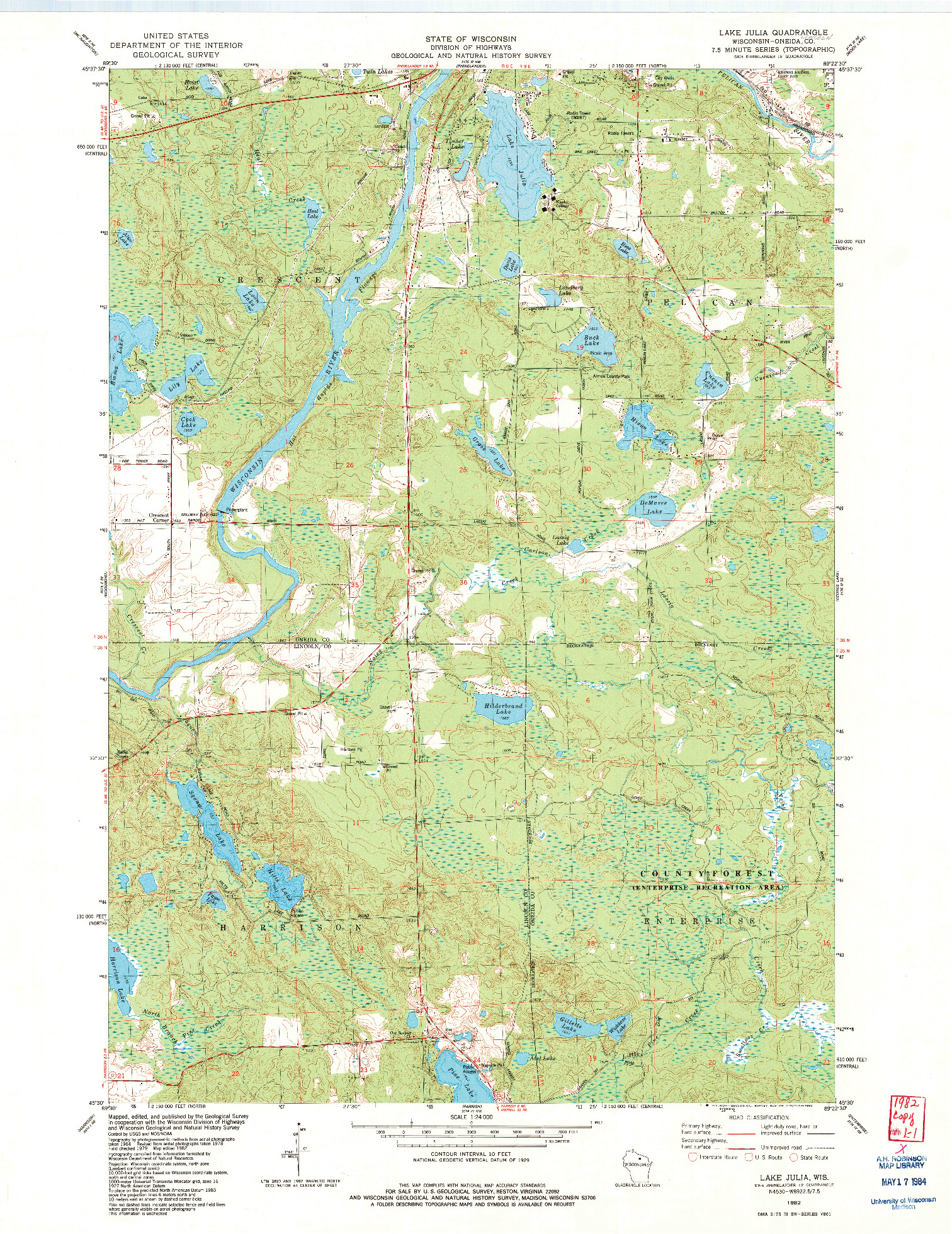 USGS 1:24000-SCALE QUADRANGLE FOR LAKE JULIA, WI 1982