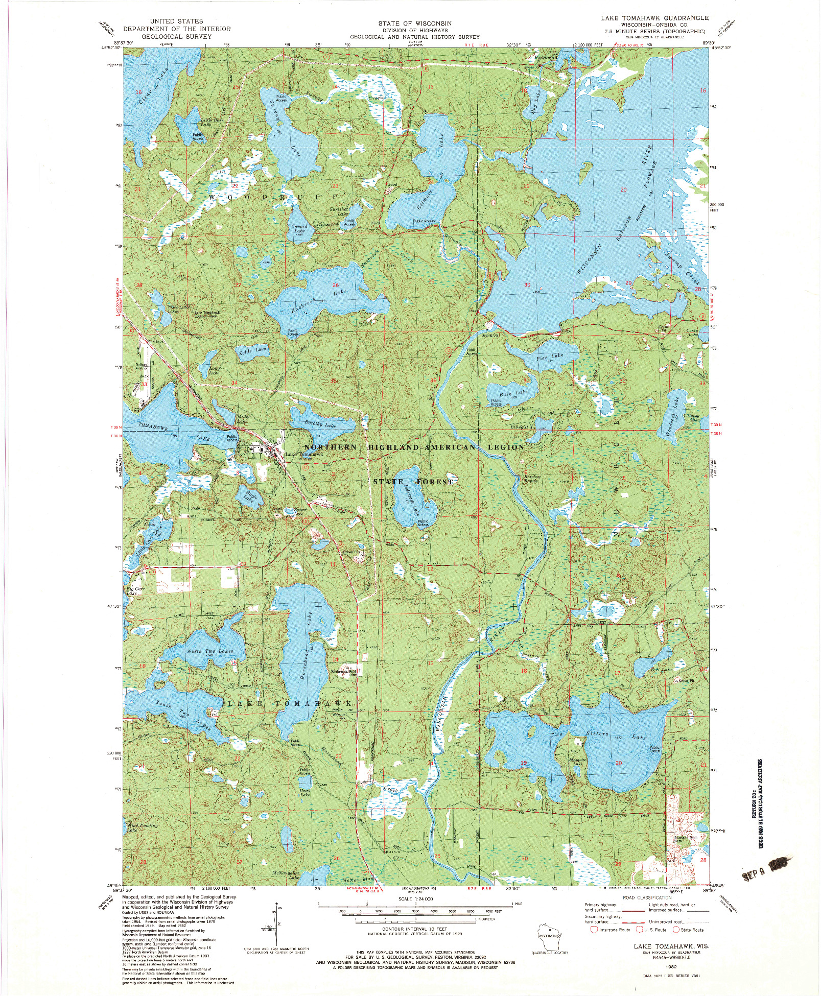 USGS 1:24000-SCALE QUADRANGLE FOR LAKE TOMAHAWK, WI 1982