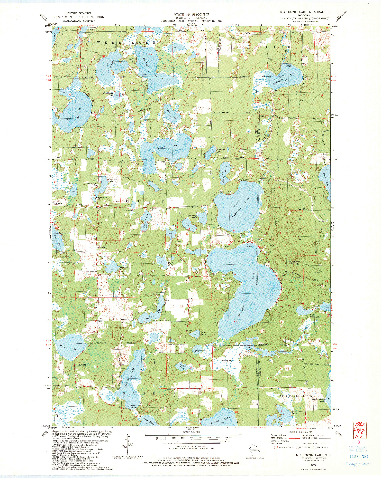 USGS 1:24000-SCALE QUADRANGLE FOR MC KENZIE LAKE, WI 1982