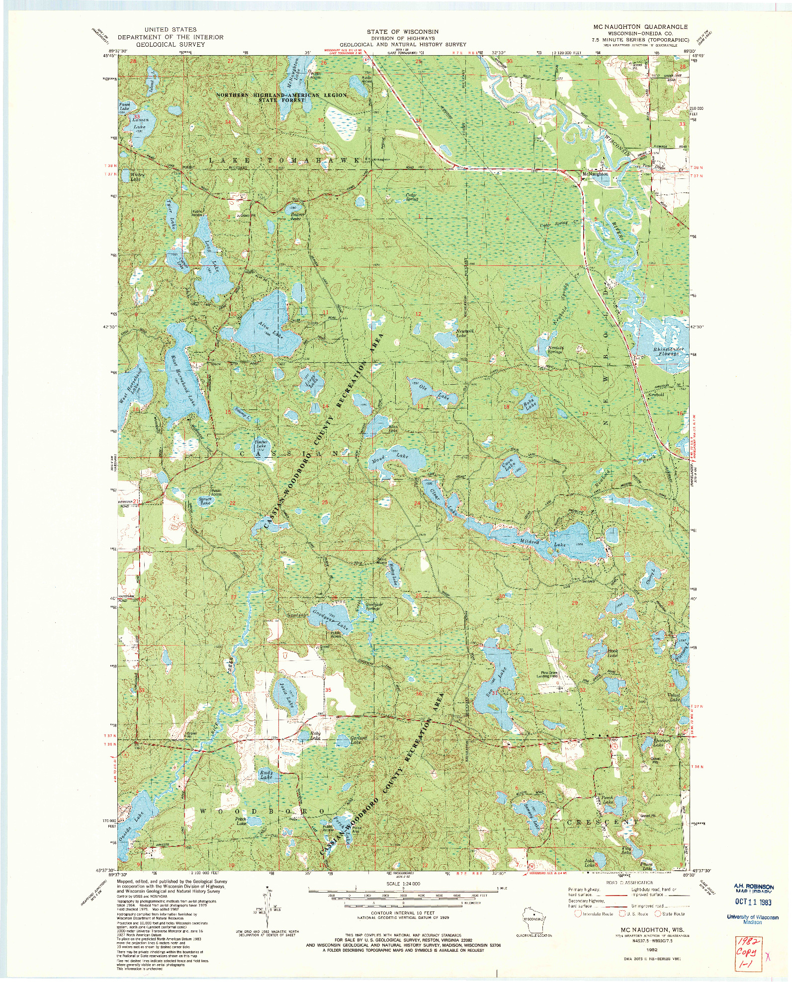 USGS 1:24000-SCALE QUADRANGLE FOR MC NAUGHTON, WI 1982