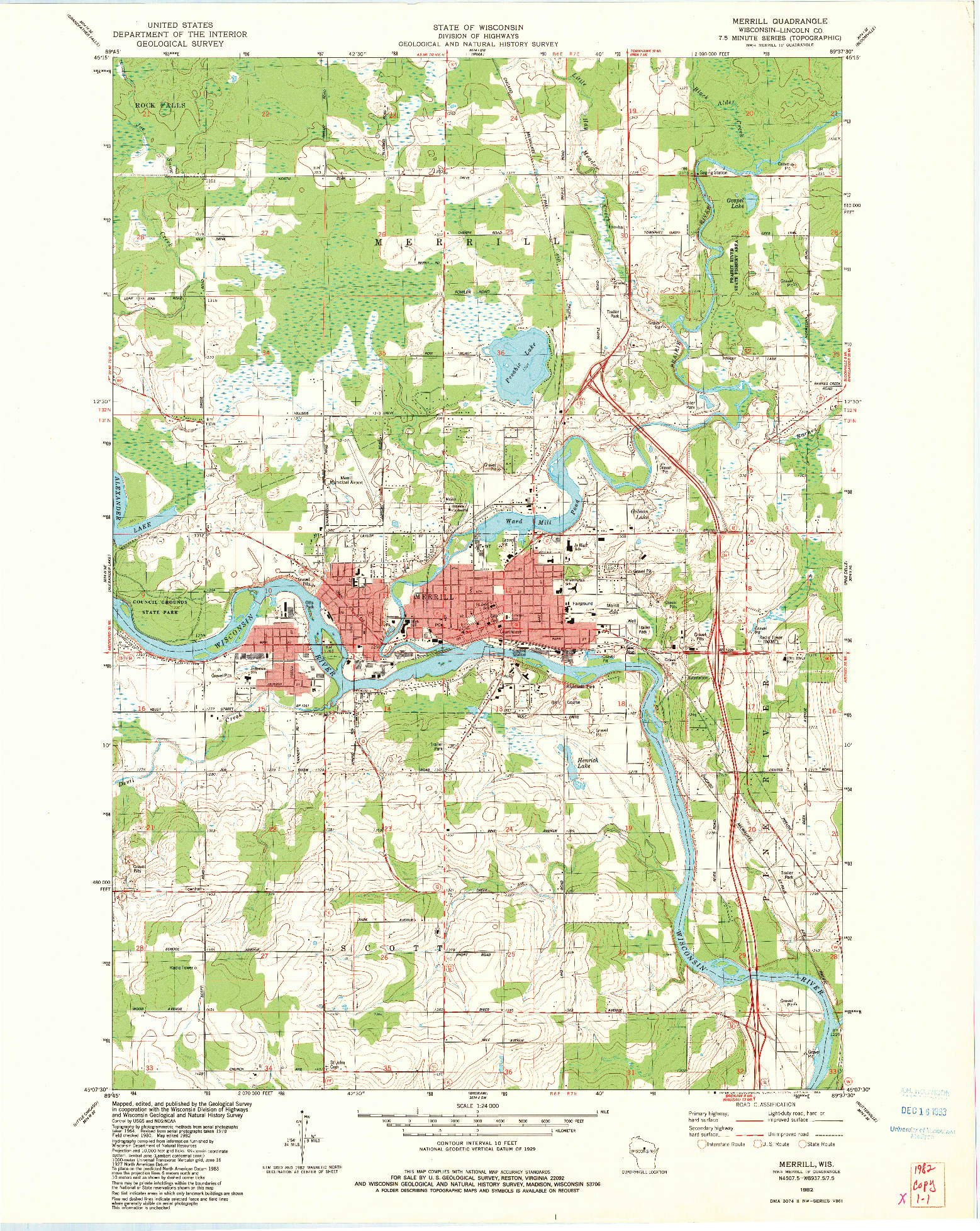USGS 1:24000-SCALE QUADRANGLE FOR MERRILL, WI 1982