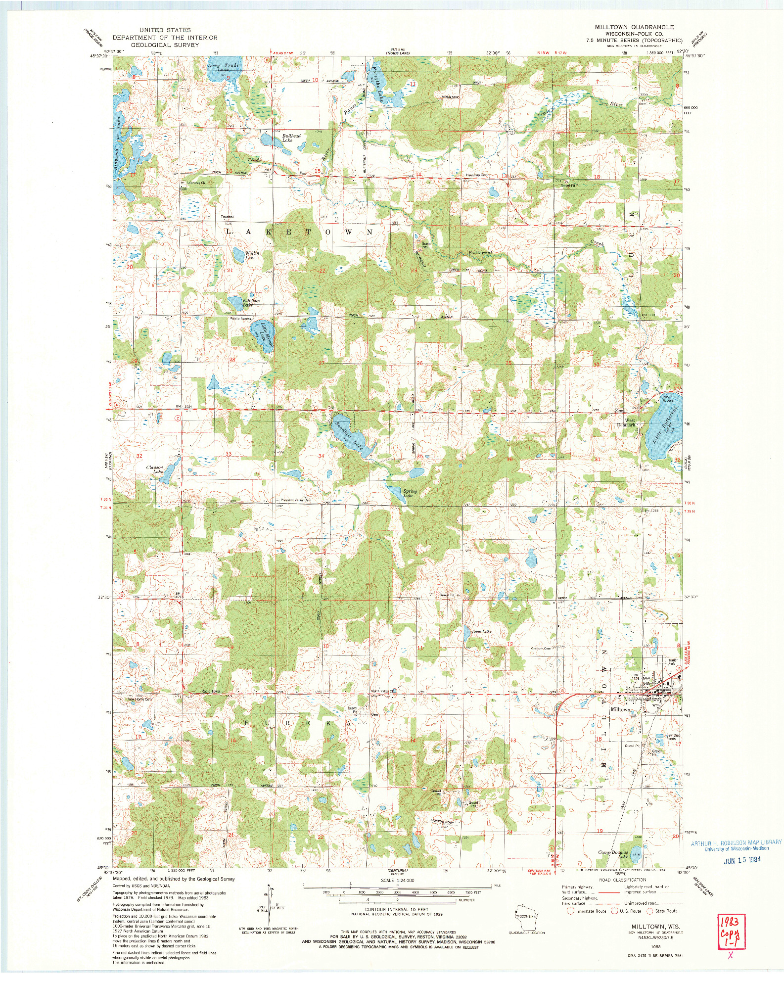 USGS 1:24000-SCALE QUADRANGLE FOR MILLTOWN, WI 1983