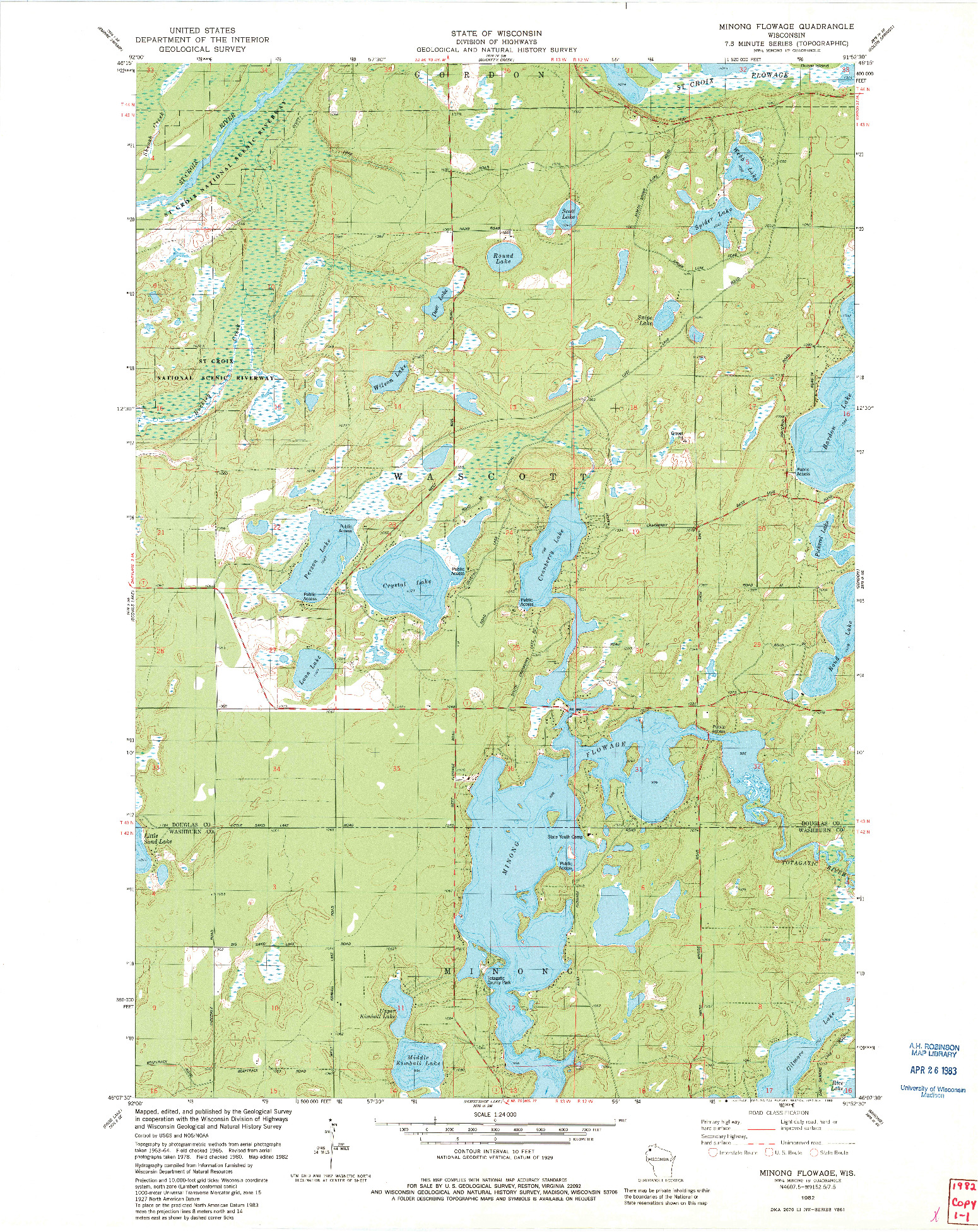 USGS 1:24000-SCALE QUADRANGLE FOR MINONG FLOWAGE, WI 1982