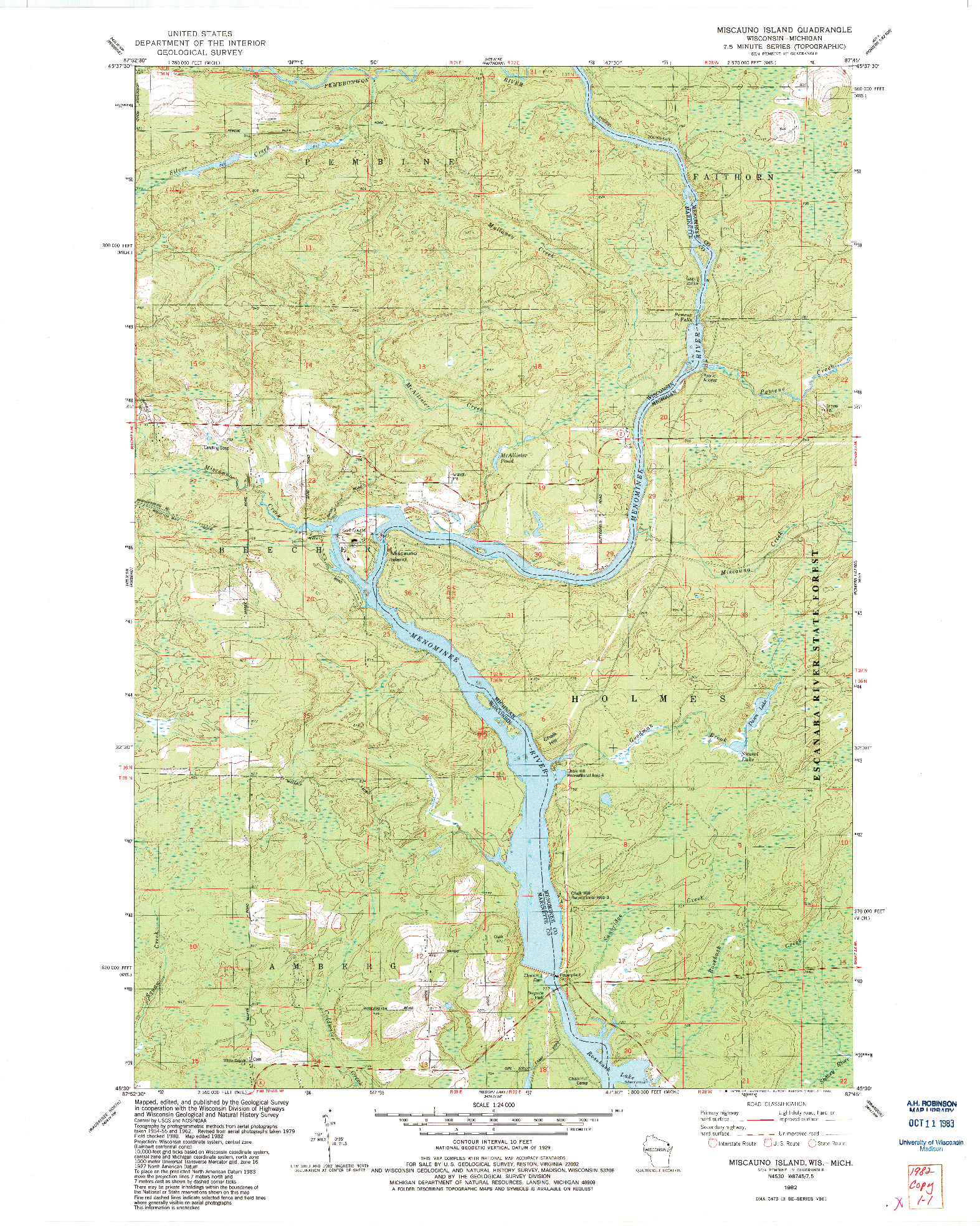 USGS 1:24000-SCALE QUADRANGLE FOR MISCAUNO ISLAND, WI 1982