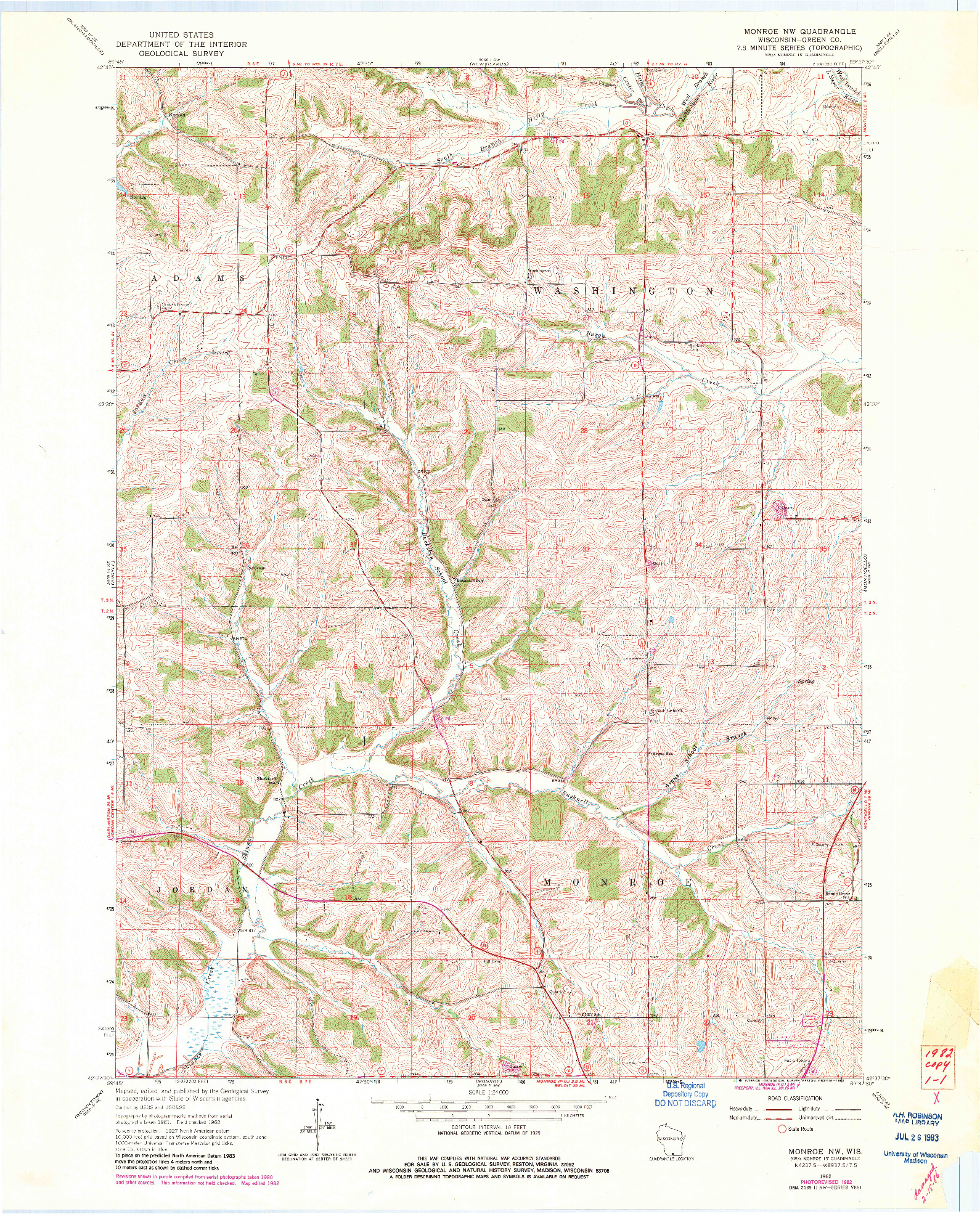 USGS 1:24000-SCALE QUADRANGLE FOR MONROE NW, WI 1962