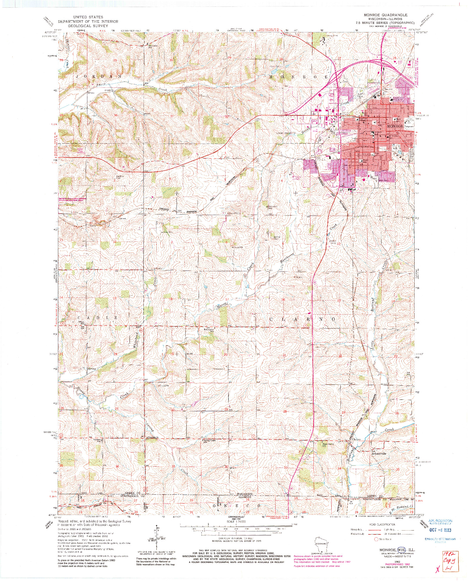 USGS 1:24000-SCALE QUADRANGLE FOR MONROE, WI 1962