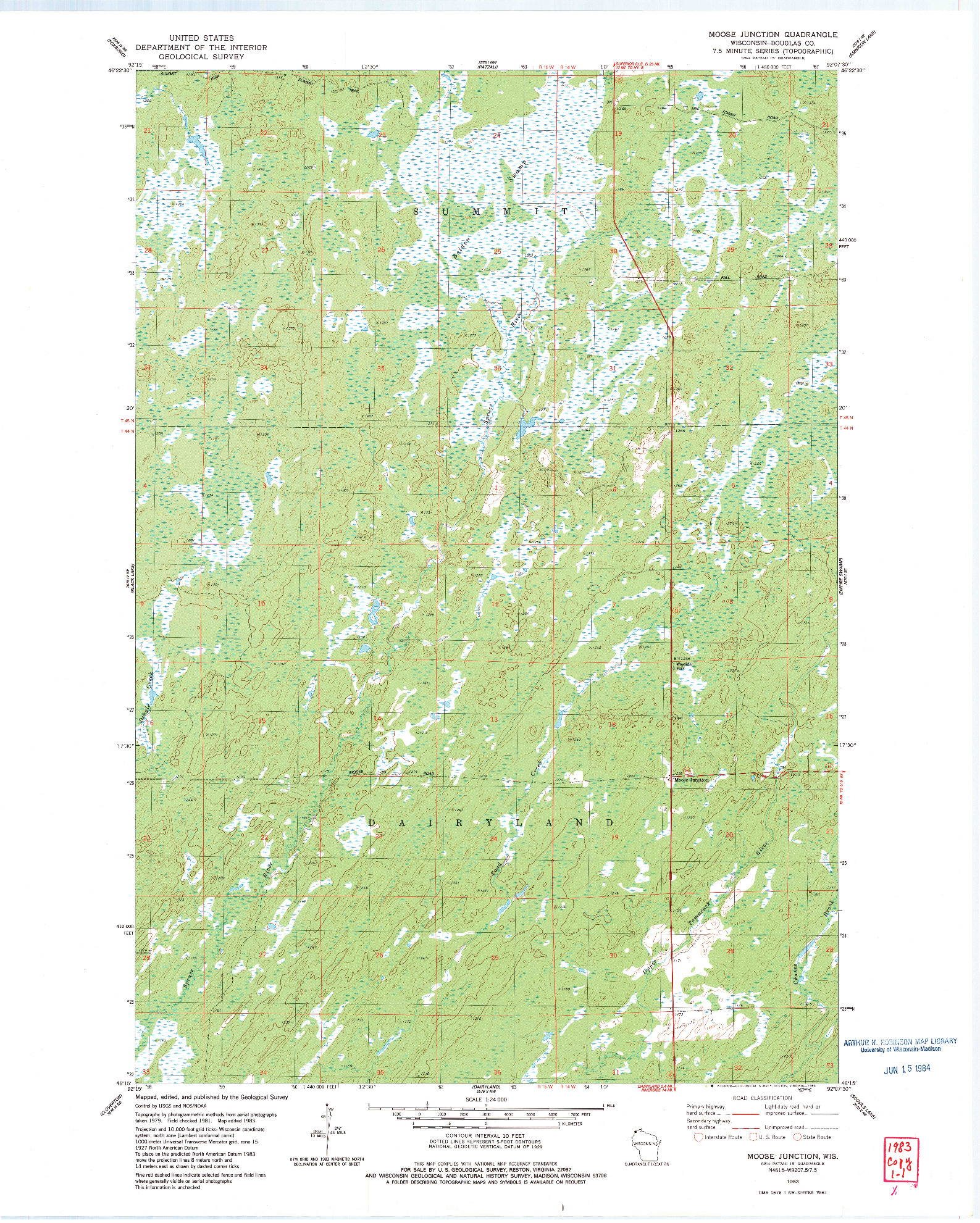 USGS 1:24000-SCALE QUADRANGLE FOR MOOSE JUNCTION, WI 1983