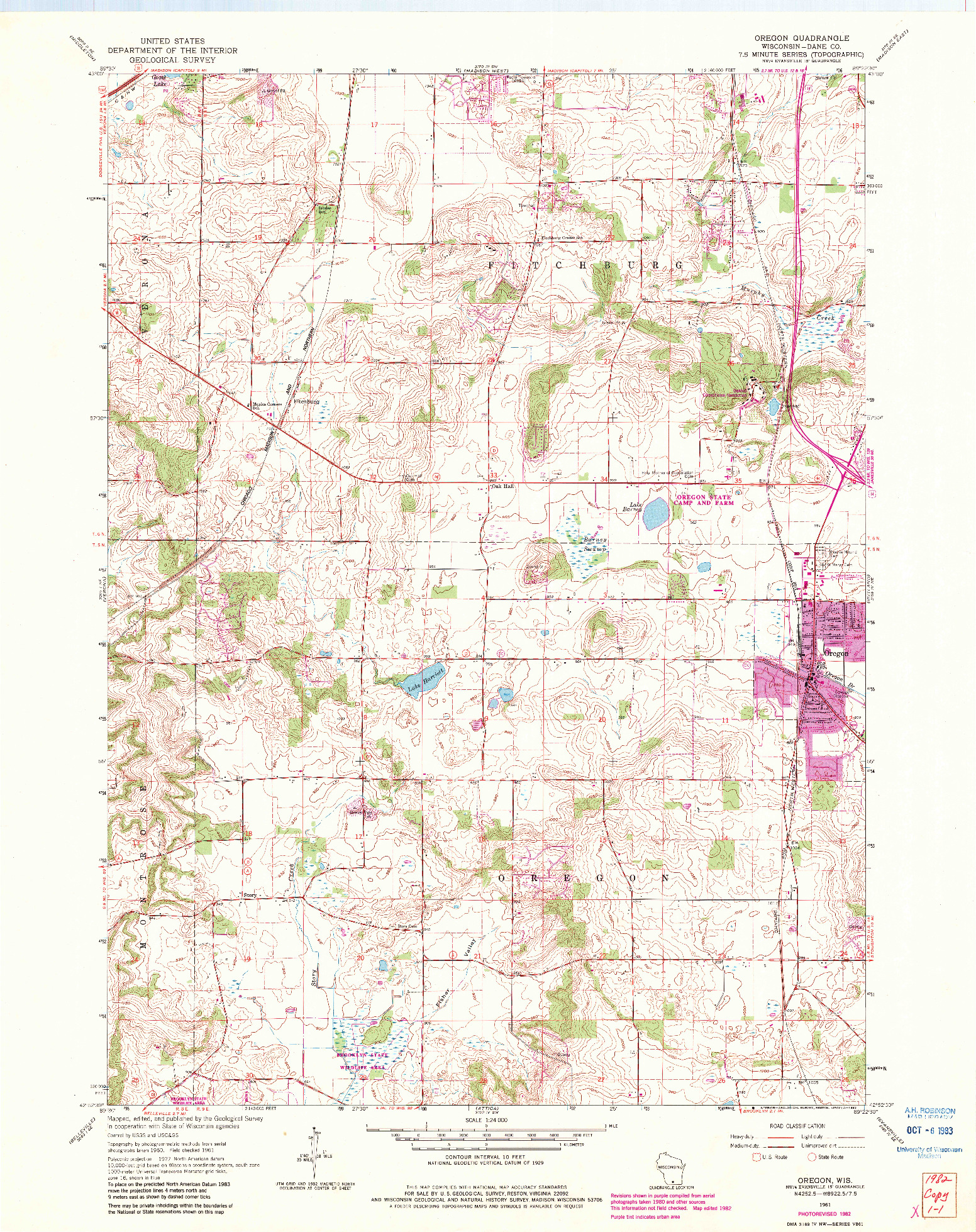 USGS 1:24000-SCALE QUADRANGLE FOR OREGON, WI 1961