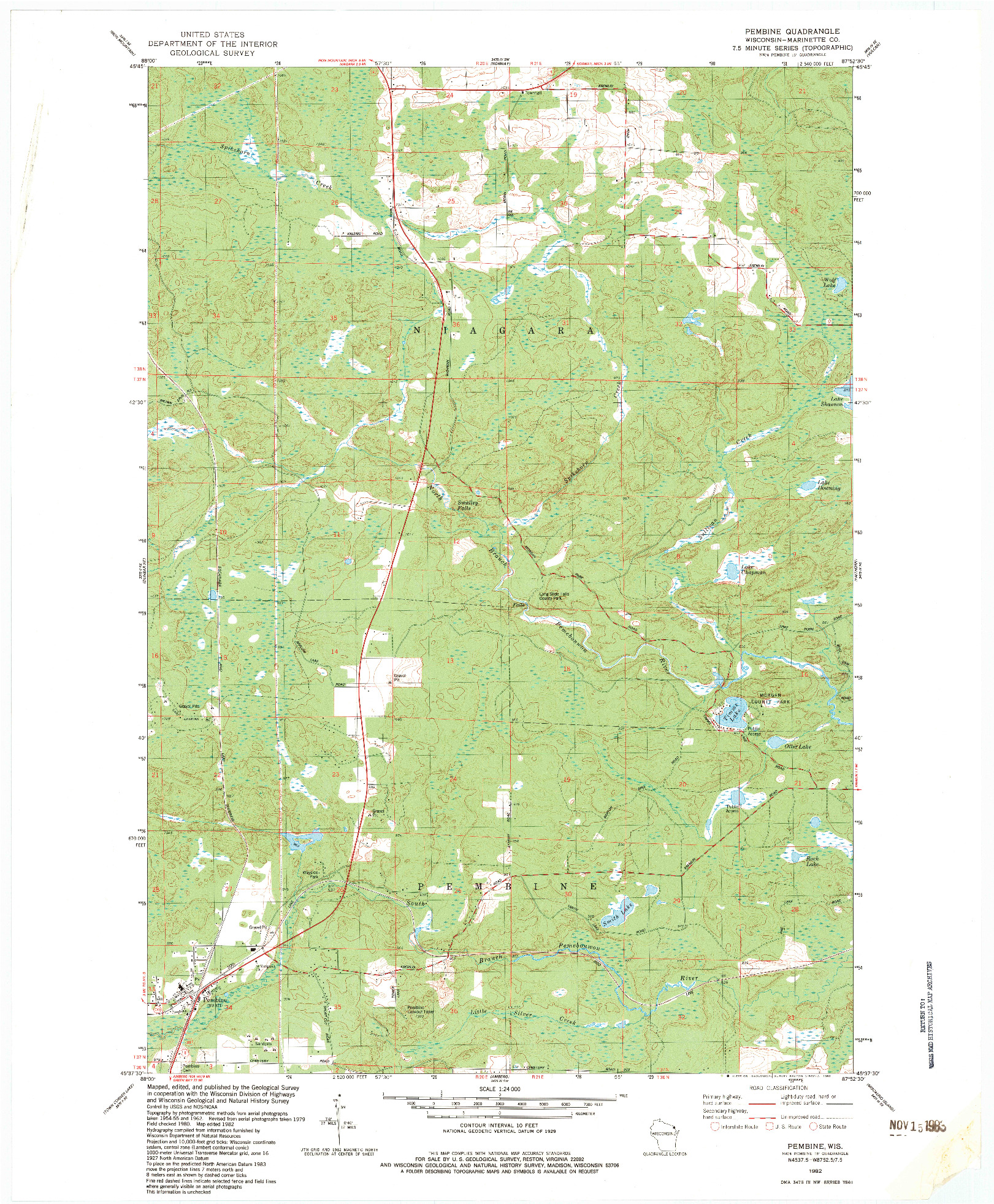 USGS 1:24000-SCALE QUADRANGLE FOR PEMBINE, WI 1982